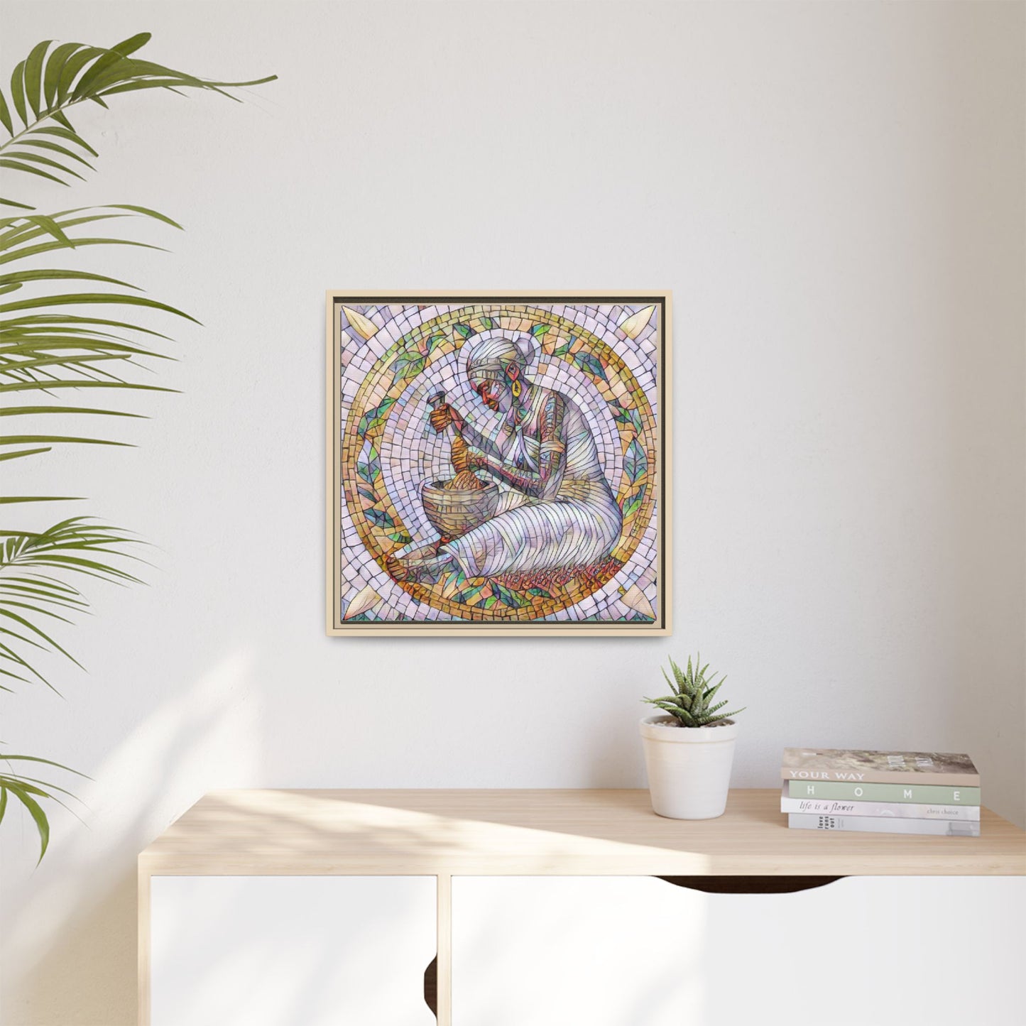 Framed Mosaic Art Print — Woman Grinding Grain (Matte Canvas)