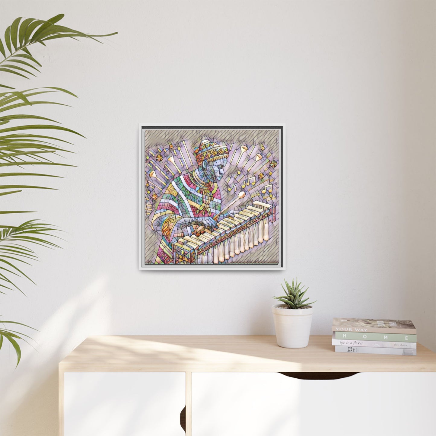 Colorful Marimba Musician Matte Framed Canvas — Vibrant African Instrument Wall Art