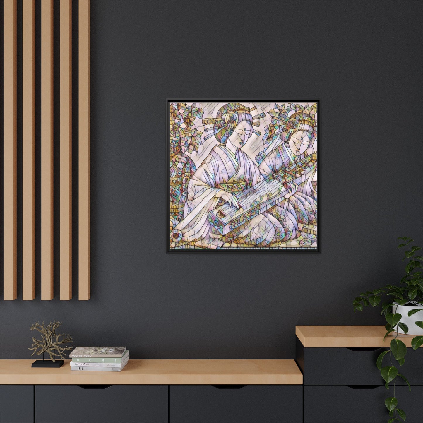 Framed Matte Canvas Print — Stained-Glass Geisha Duo