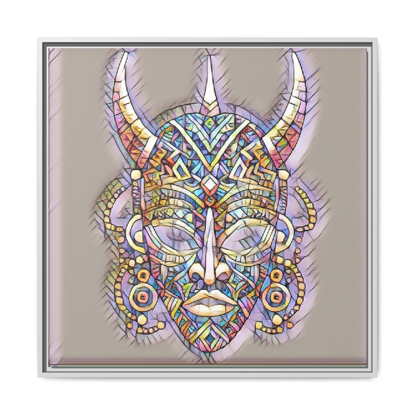 Colorful Tribal Mask Framed Canvas Art — Abstract Ethnic Wall Decor