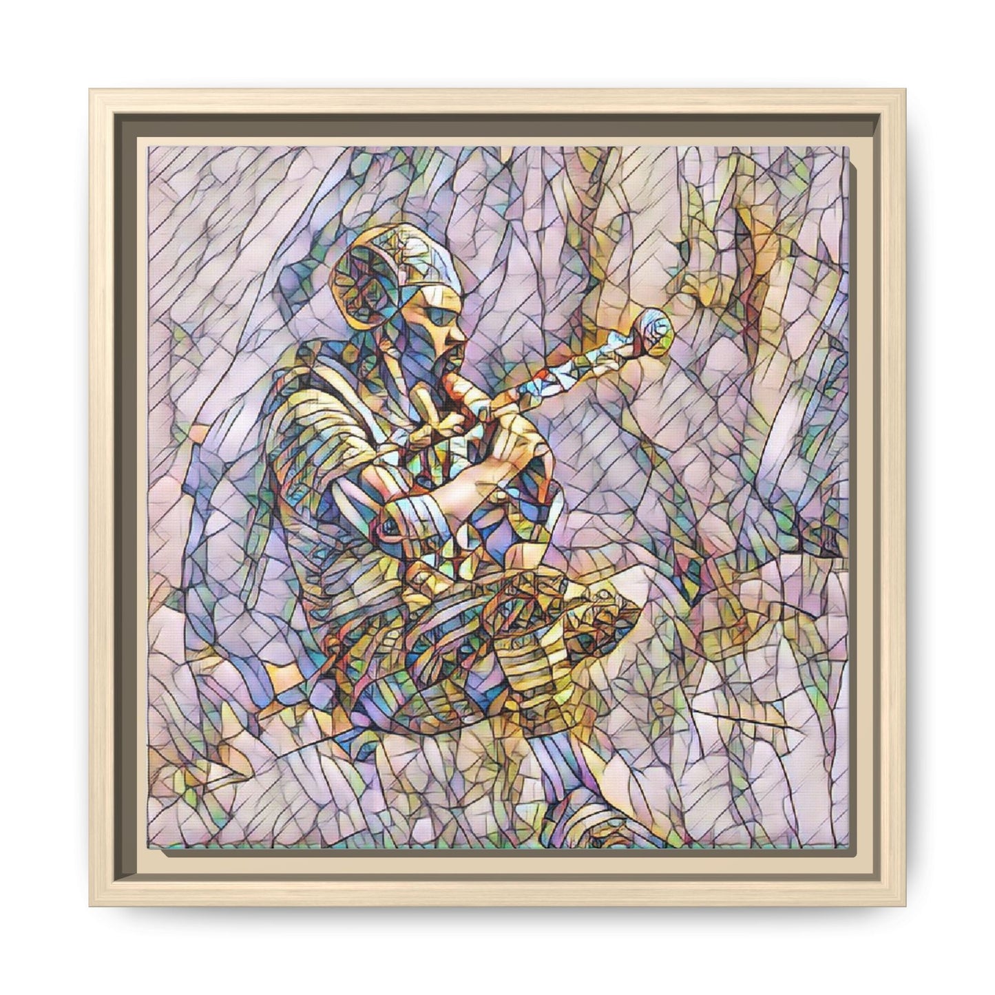 Celtic Piper Framed Matte Canvas — Stained-Glass Style Highland Bagpiper Art
