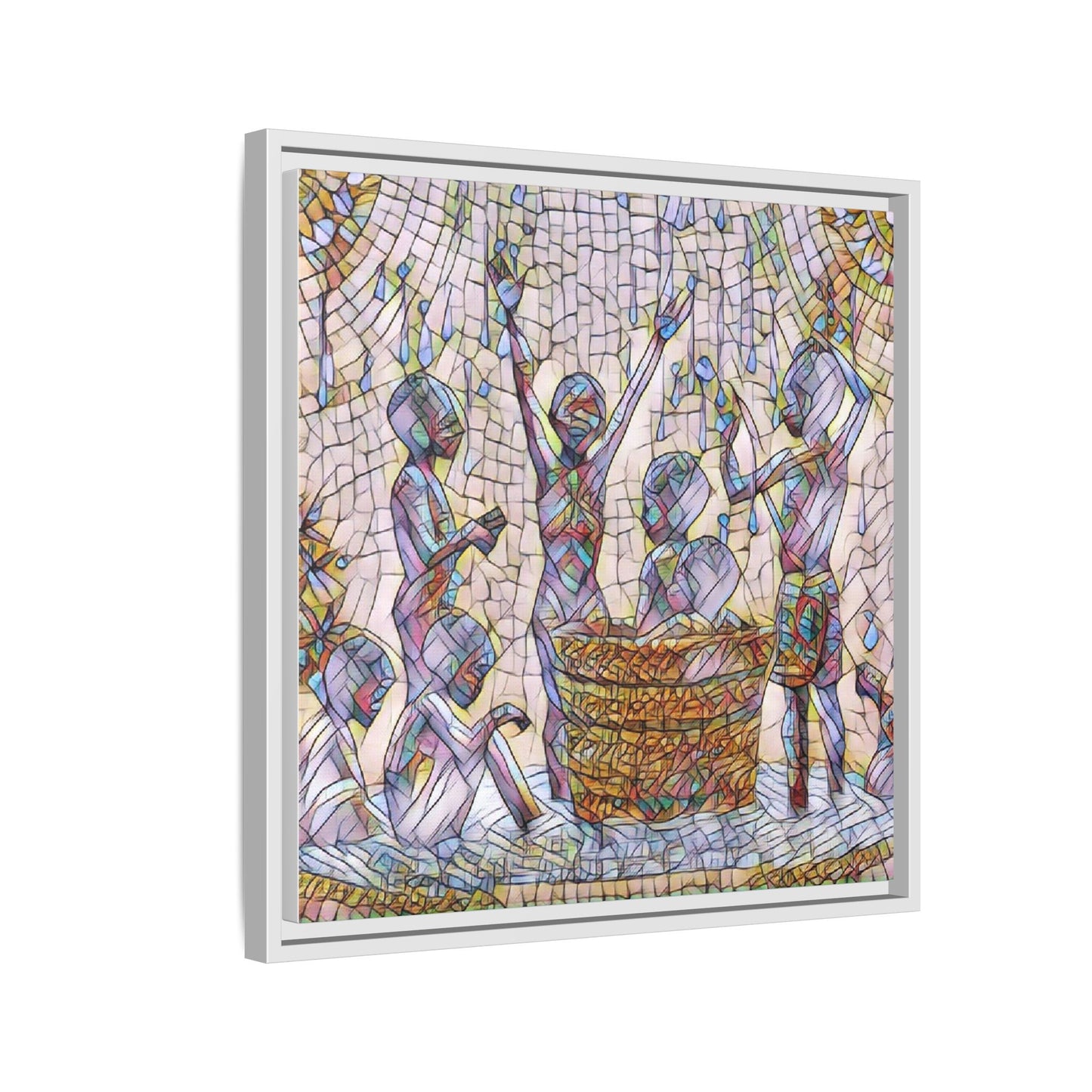 Framed Matte Canvas Art — Children Playing Mosaic Illustration