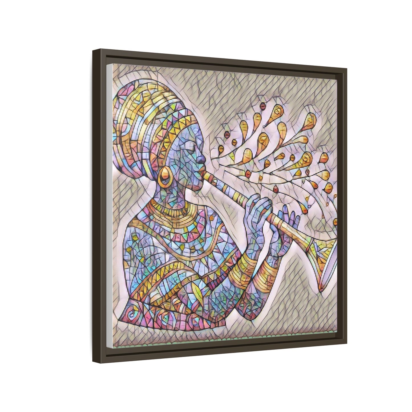Framed Matte Canvas Art – Colorful African Musician Trumpet Print