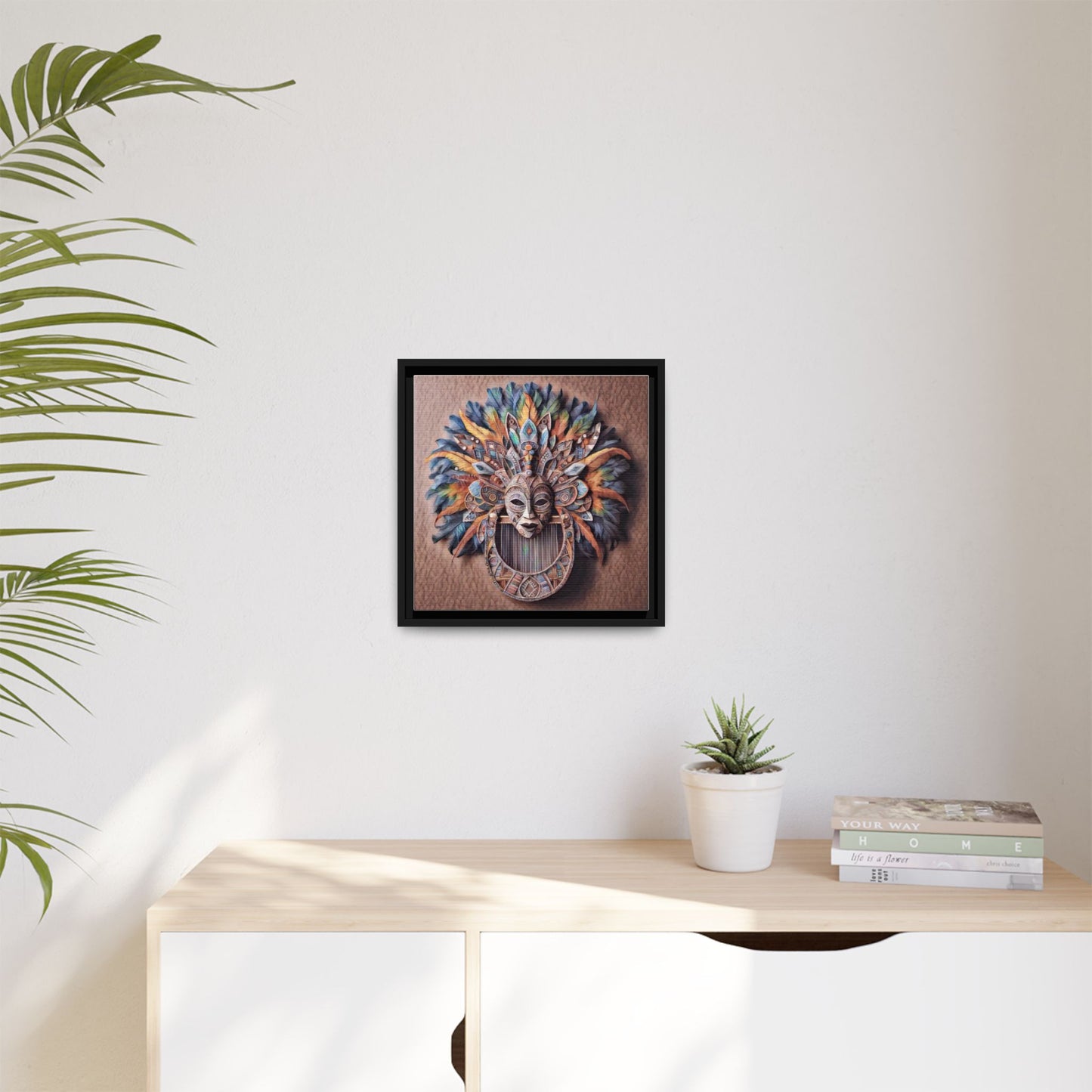 Tribal Feather Mask Framed Canvas Wall Art — Colorful Boho Decorative Print