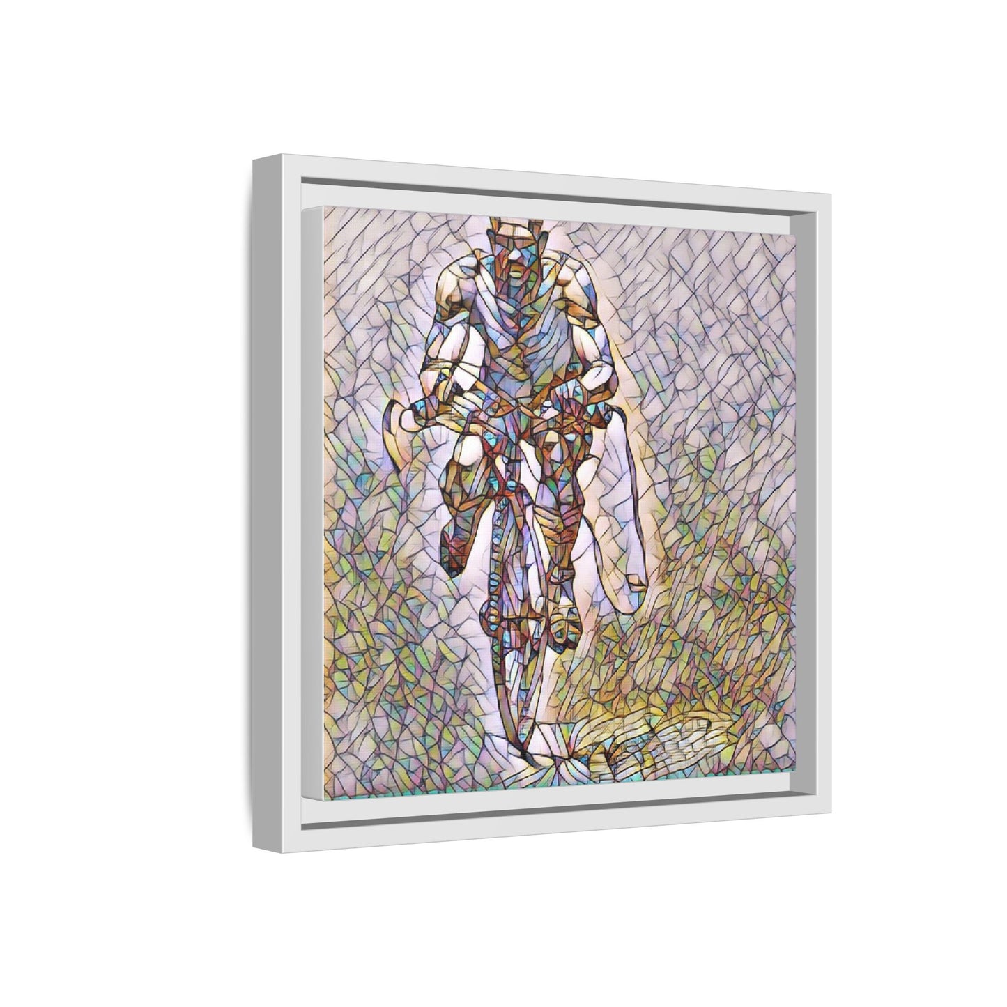 Cyclist Art Print — Framed Matte Canvas Wall Art (Multicolor Stained-Glass Style)
