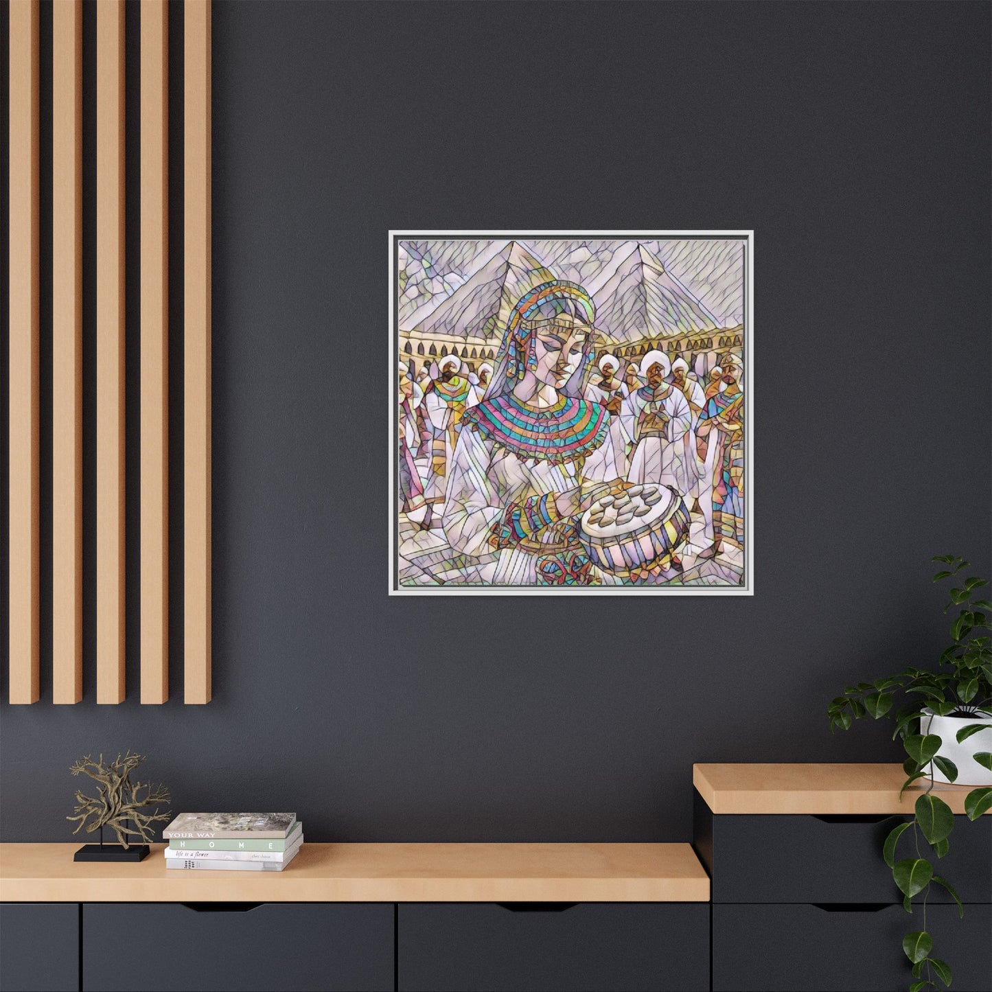 Egyptian Drum Player Framed Canvas Art — Colorful Ancient Scene Wall Decor