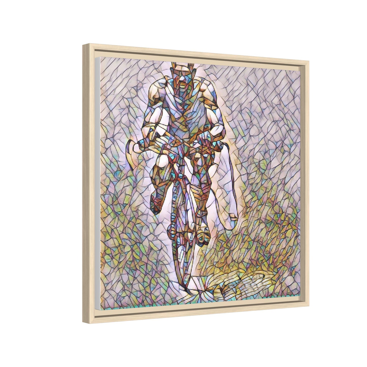 Cyclist Art Print — Framed Matte Canvas Wall Art (Multicolor Stained-Glass Style)