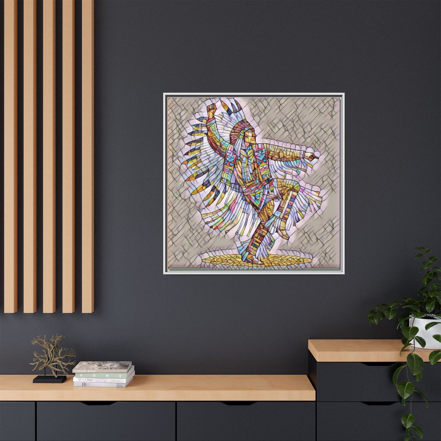 Colorful Native Dancer Framed Canvas Art — Stained Glass Style Wall Decor