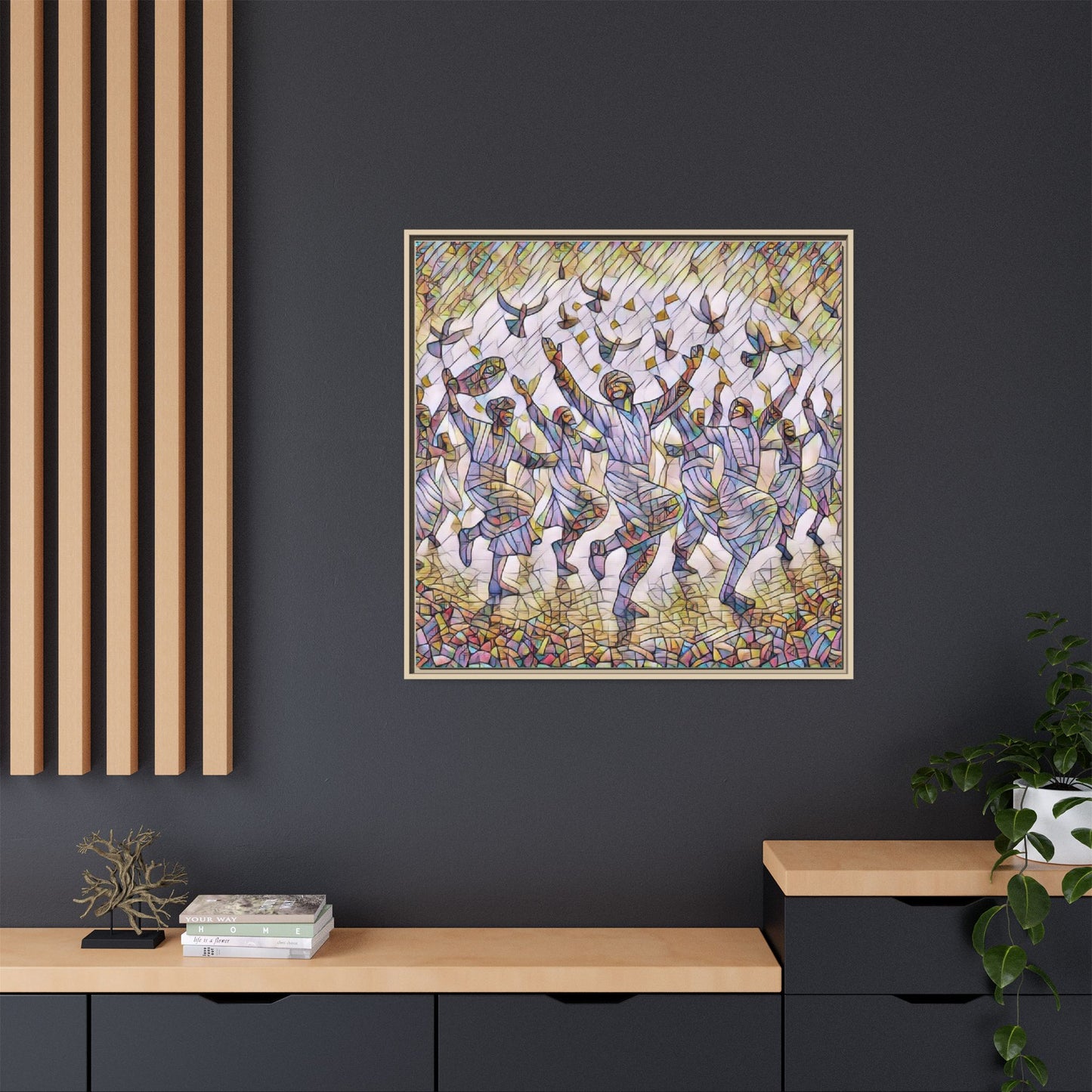 Framed Canvas Art - Joyful Dancers with Doves (Multicolor)