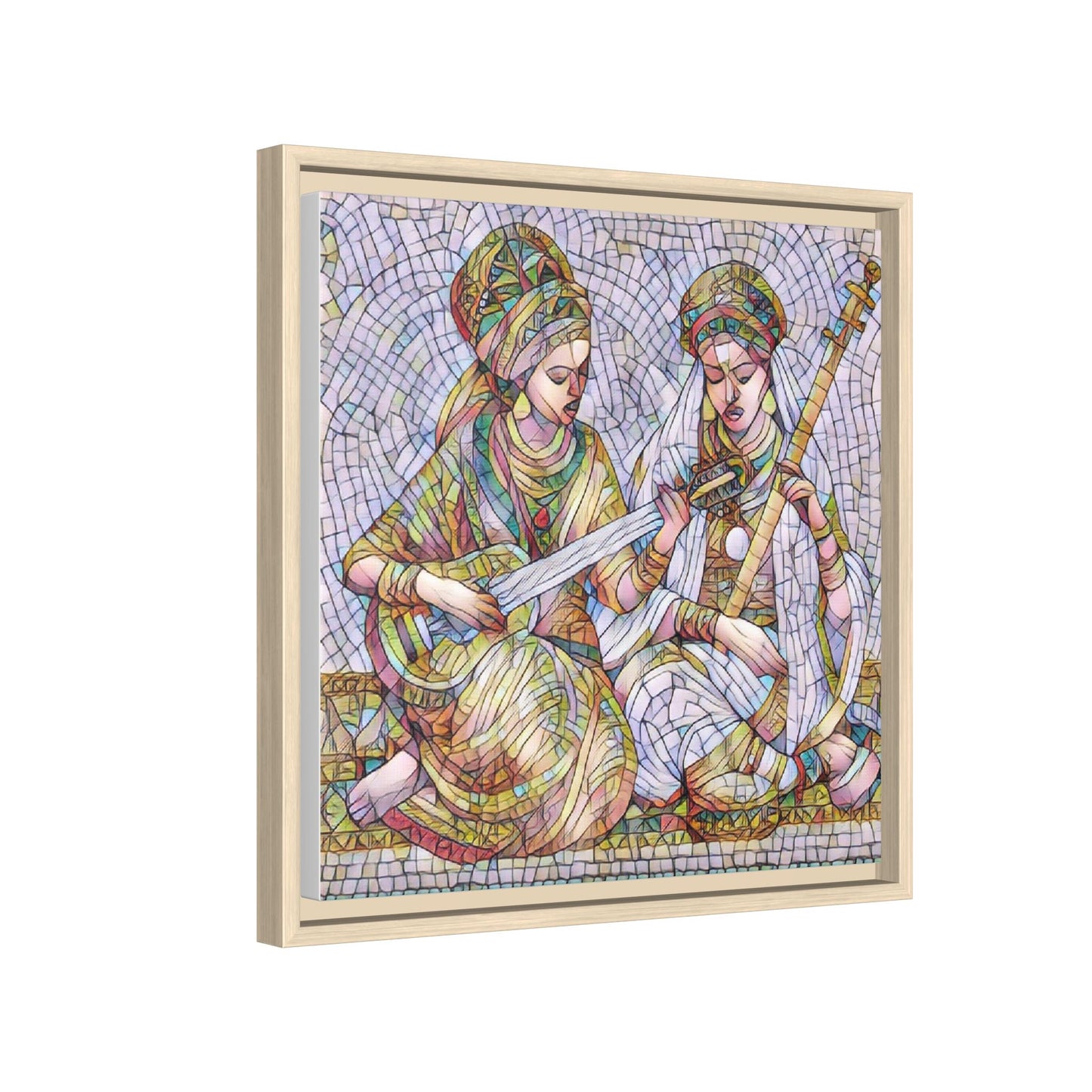 Framed Mosaic Art Print — Two Women Playing Lutes (Matte Canvas)