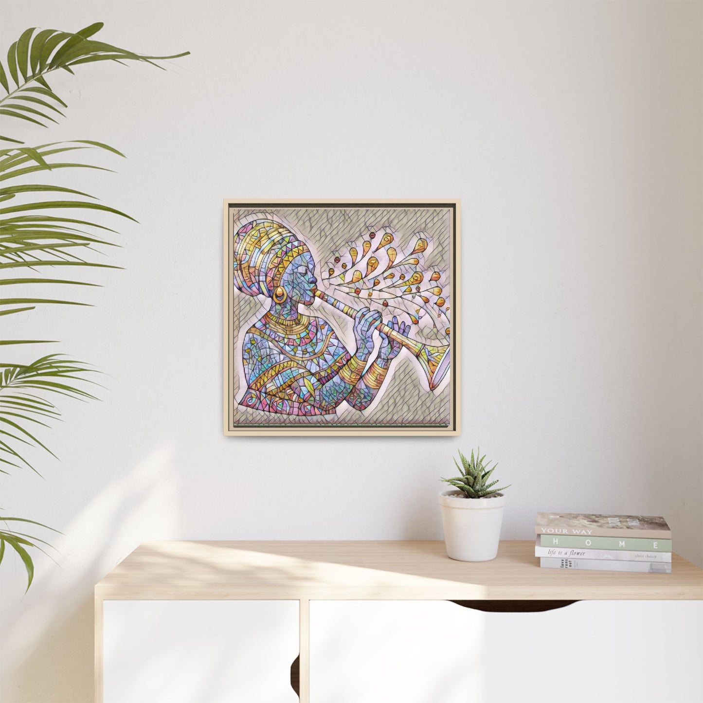 Framed Matte Canvas Art – Colorful African Musician Trumpet Print