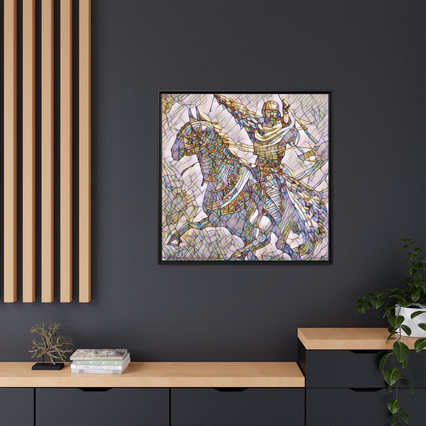 Framed Matte Canvas Print — Stained Glass Knight on Horse Artwork