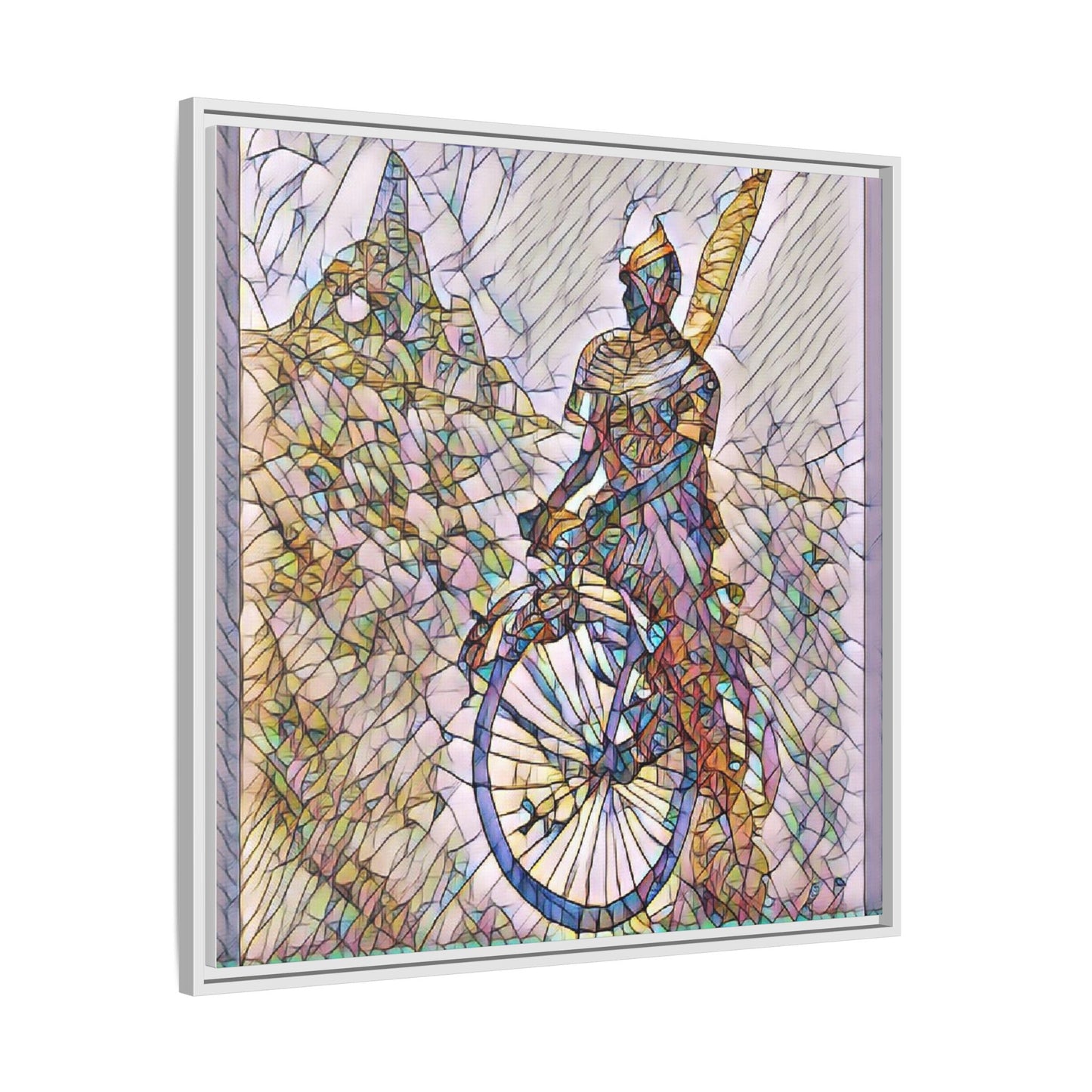 Cyclist Stained Glass Art Print — Framed Matte Canvas