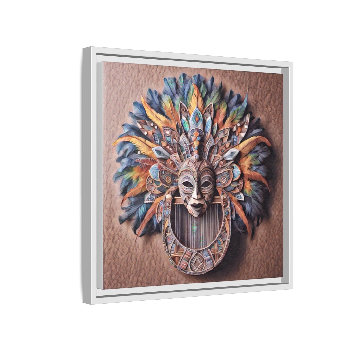 Tribal Feather Mask Framed Canvas Wall Art — Colorful Boho Decorative Print
