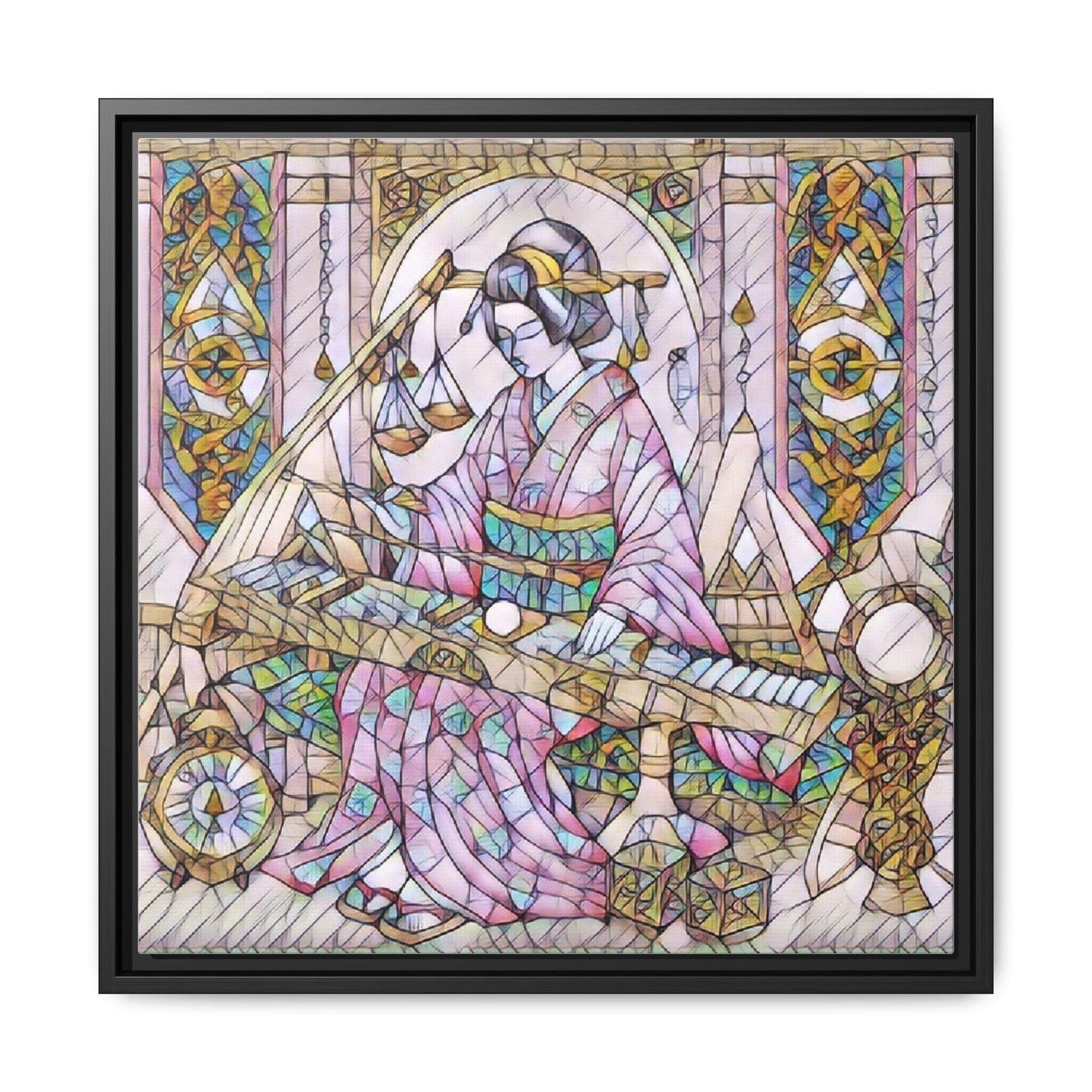 Framed Matte Canvas — Geisha Harp Stained-Glass Art Print