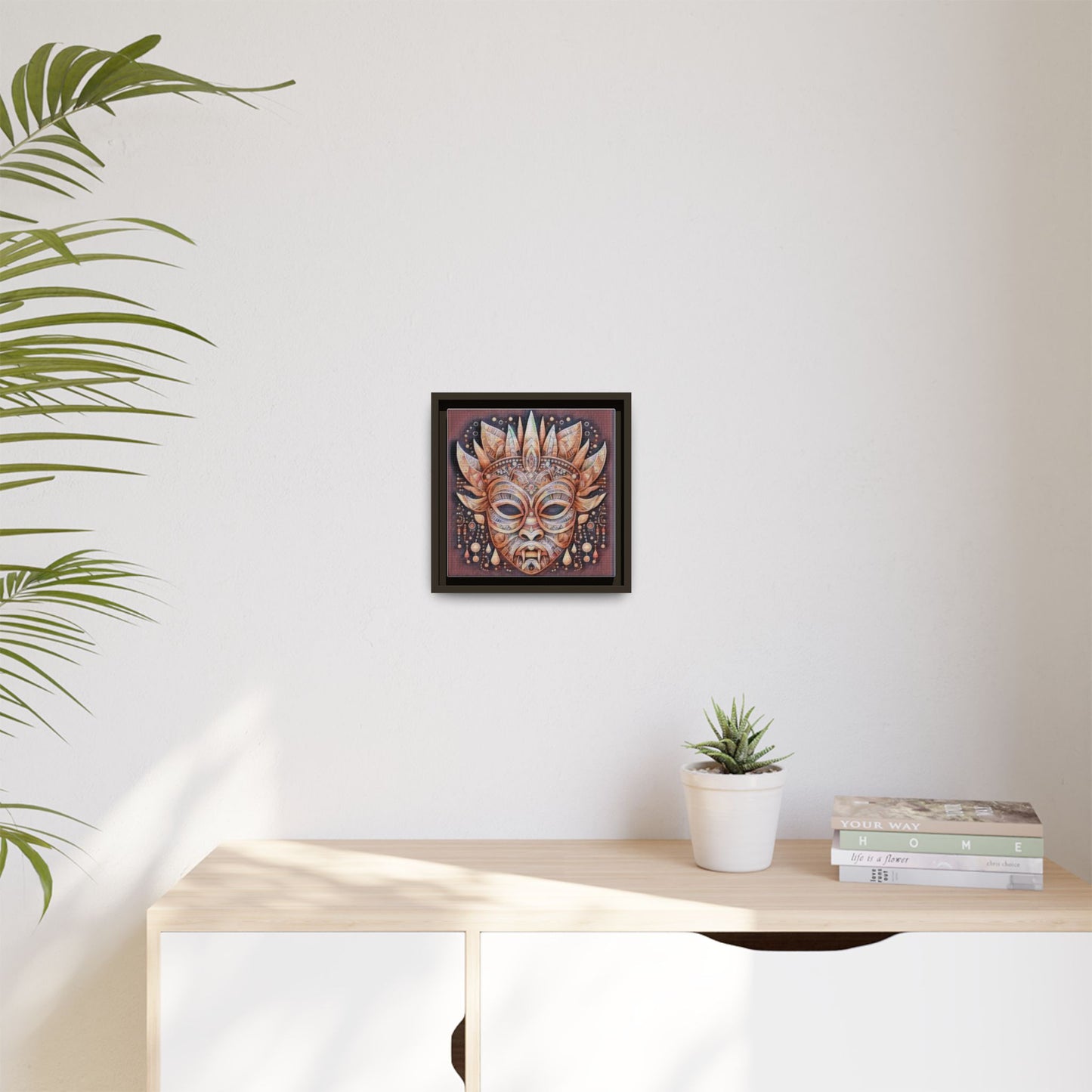 Tribal Sun Mask Framed Canvas Art — Boho Ethnic Wall Decor
