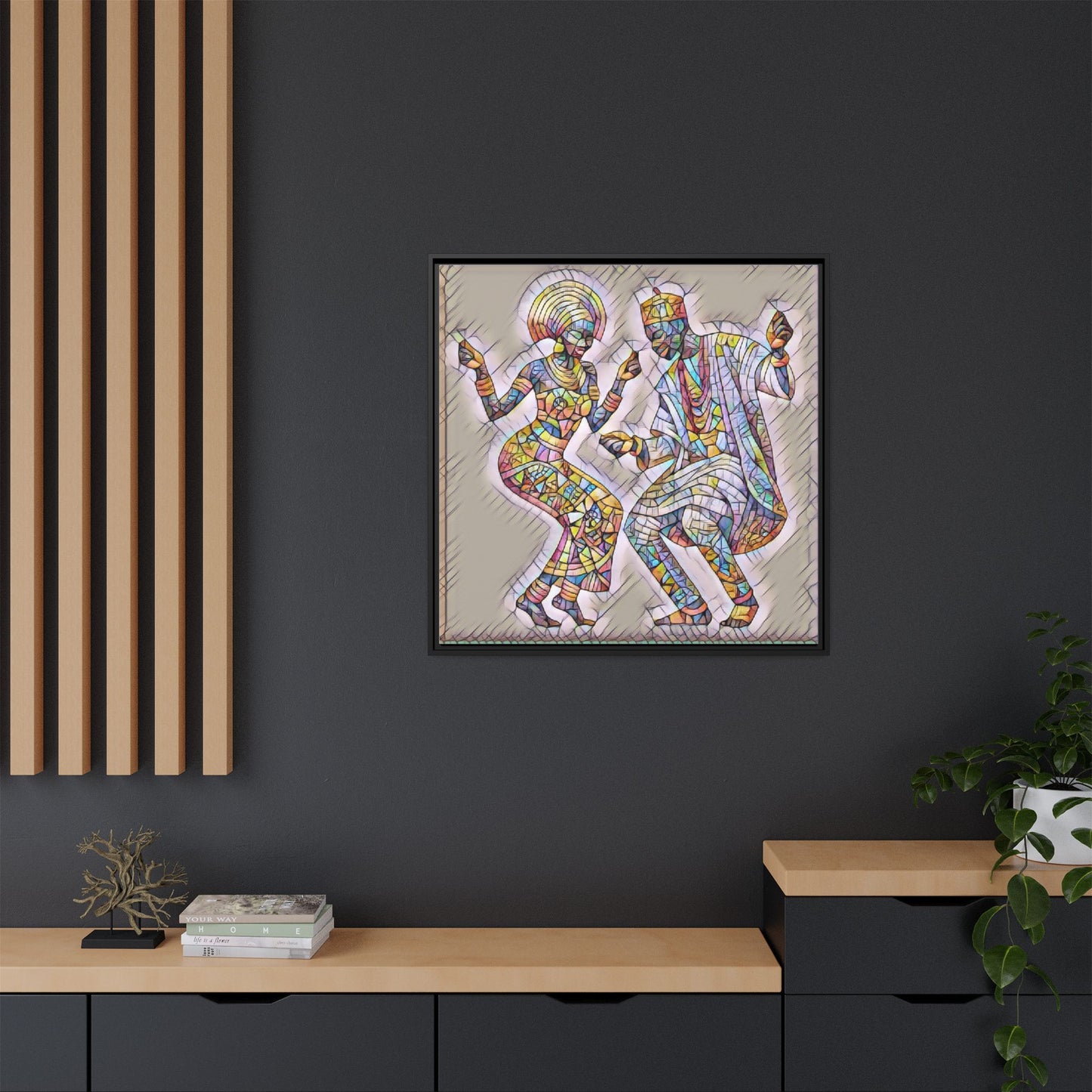 Afrobeat Dancers Framed Canvas Art — Colorful Mosaic African Dance Print