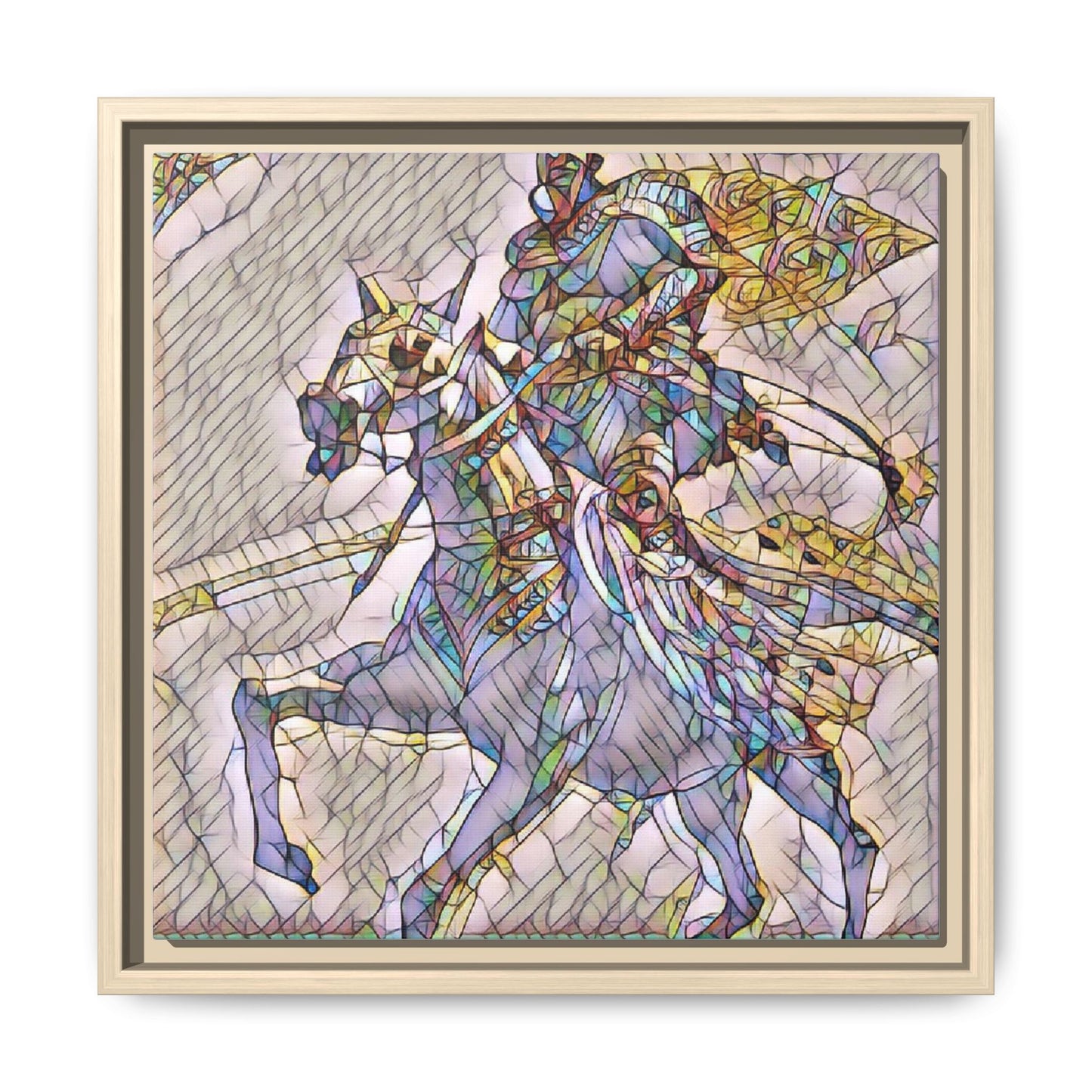 Framed Matte Canvas Art — Stained Glass Knight on Horse Fantasy Wall Decor
