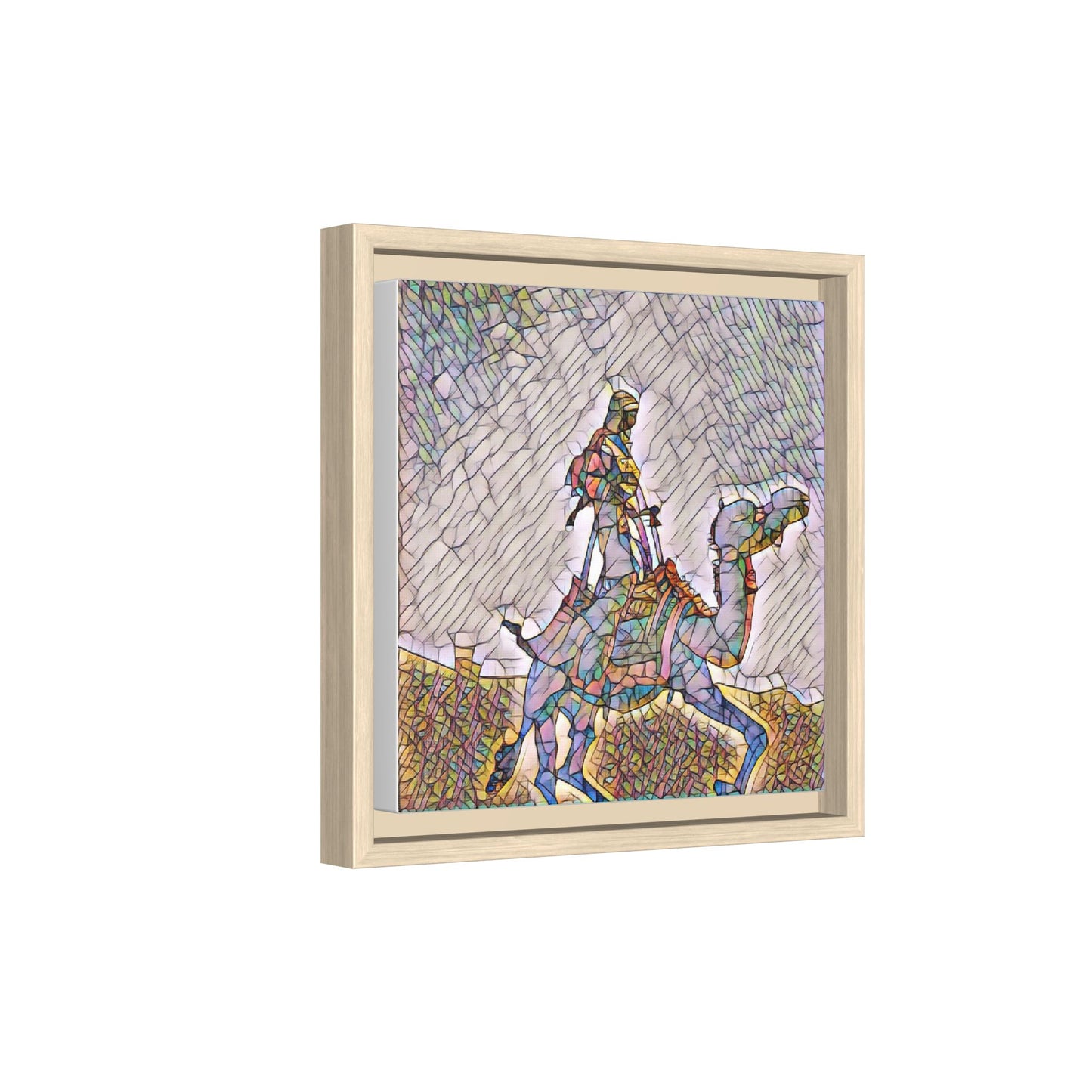Framed Camel Rider Matte Canvas Art — Colorful Mosaic Desert Wall Decor