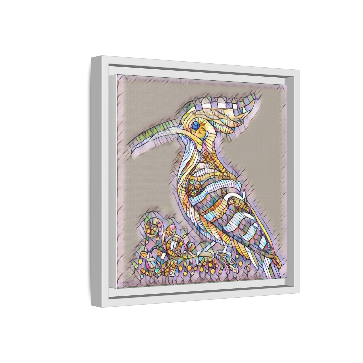 Colorful Mosaic Bird Framed Canvas Art — Whimsical Hoopoe Wall Decor