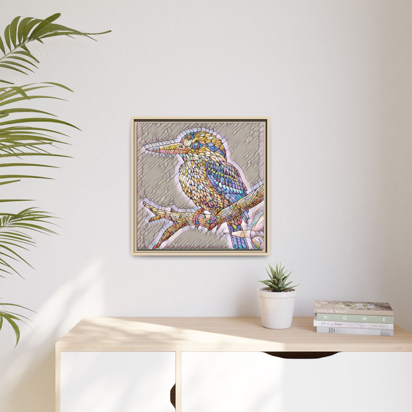 Colorful Kingfisher Framed Canvas Wall Art — Stained-Glass Style Bird Print