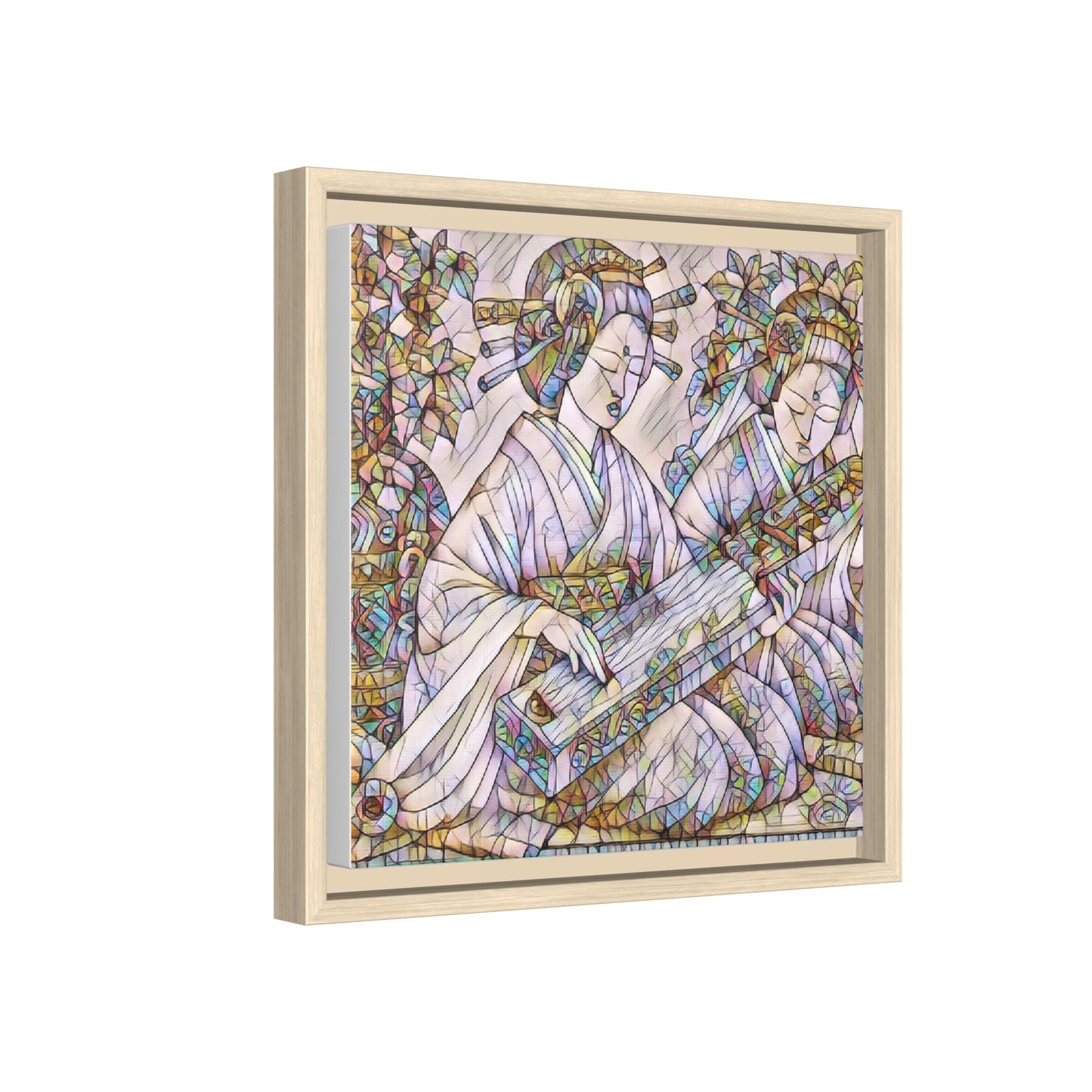 Framed Matte Canvas Print — Stained-Glass Geisha Duo
