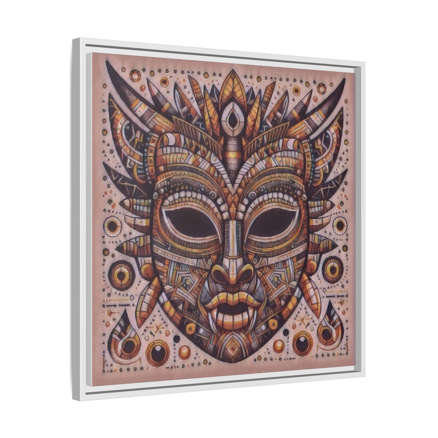 Tribal Mask Framed Canvas Art — Multicolor Matte Wall Decor