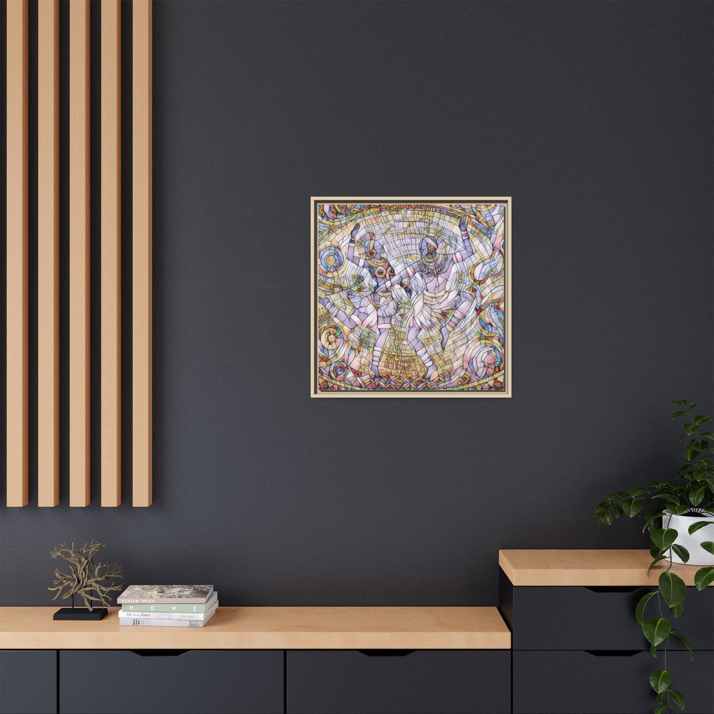 Abstract Dancers Matte Framed Canvas Wall Art — Multi‑Color Stained Glass Style