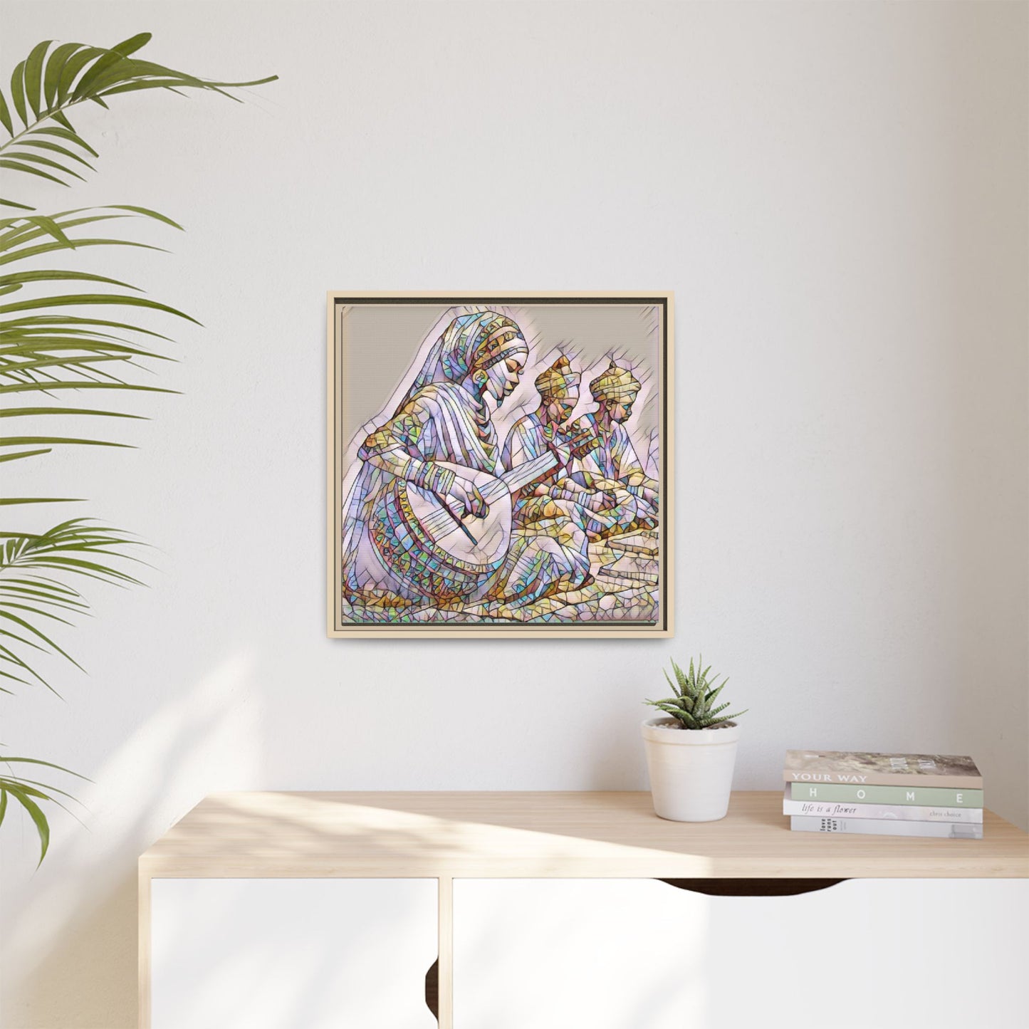 Framed Matte Canvas: Colorful Moroccan Musicians Wall Art