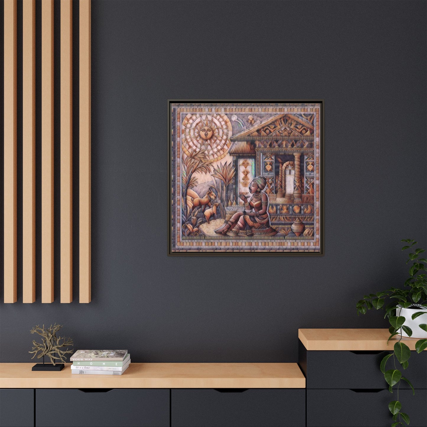 Egyptian Goddess Mosaic Framed Canvas Art — Colorful Ancient Ritual Wall Decor