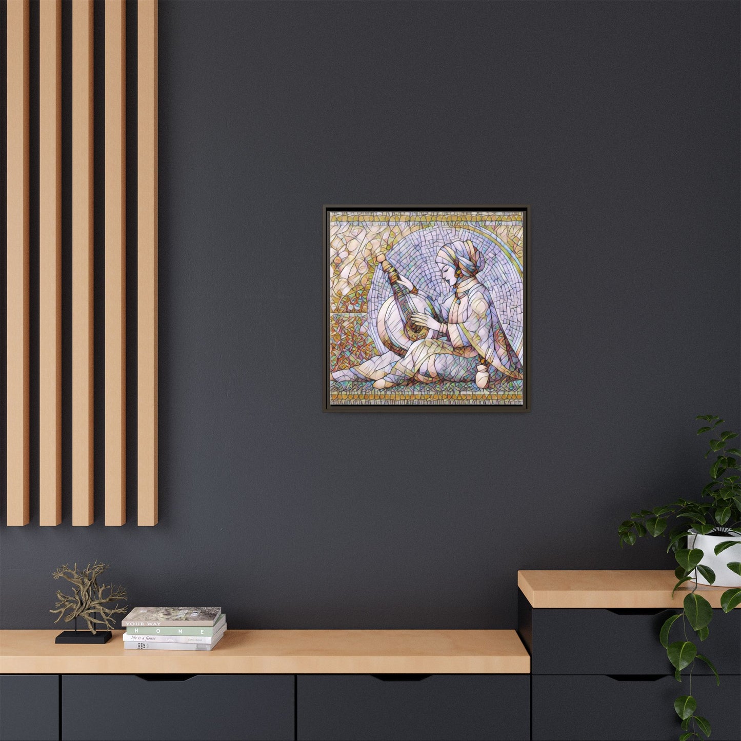Framed Matte Canvas: Mosaic Lute Player Wall Art — Bohemian Musical Portrait