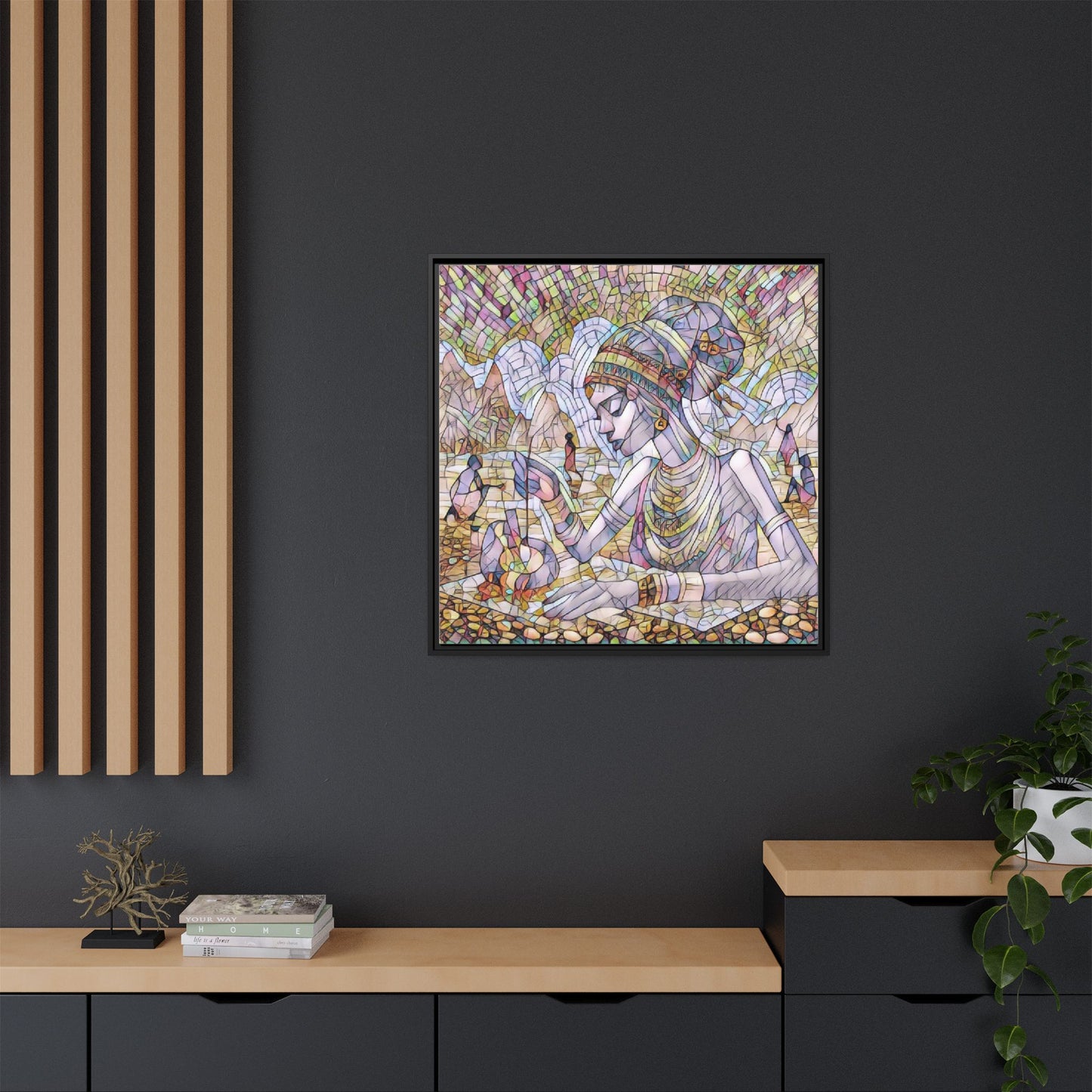 Framed Matte Canvas Art — Mosaic-Inspired Egyptian Woman Illustration