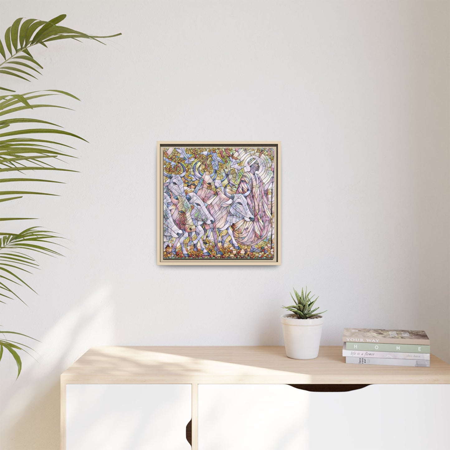 Framed Matte Canvas Art — Stained-Glass Style Cattle Herd