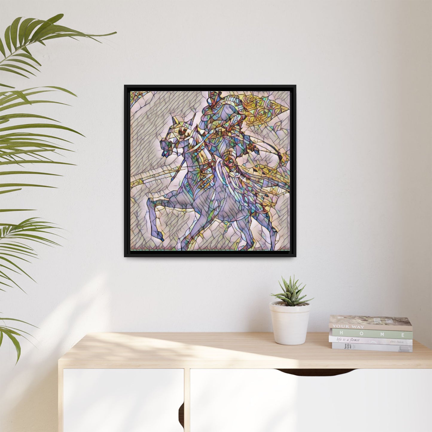 Framed Matte Canvas Art — Stained Glass Knight on Horse Fantasy Wall Decor