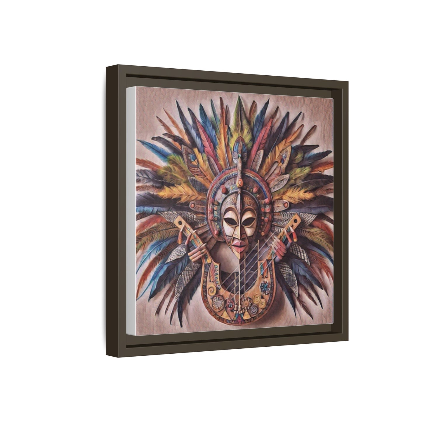 Tribal Feather Mask Guitar Framed Canvas Art — Colorful Boho Wall Decor