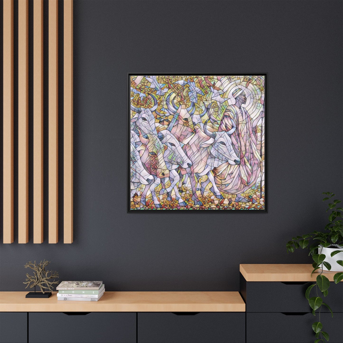 Framed Matte Canvas Art — Stained-Glass Style Cattle Herd