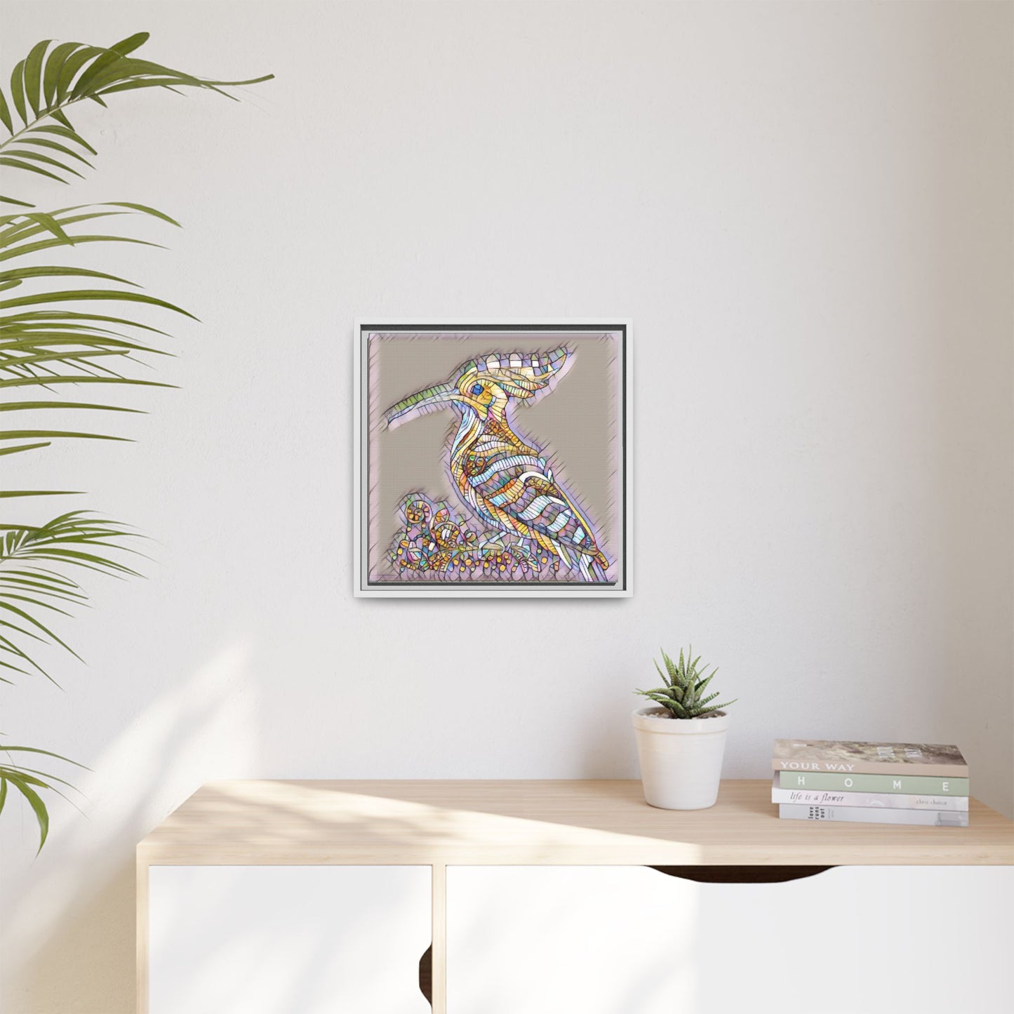 Colorful Mosaic Bird Framed Canvas Art — Whimsical Hoopoe Wall Decor