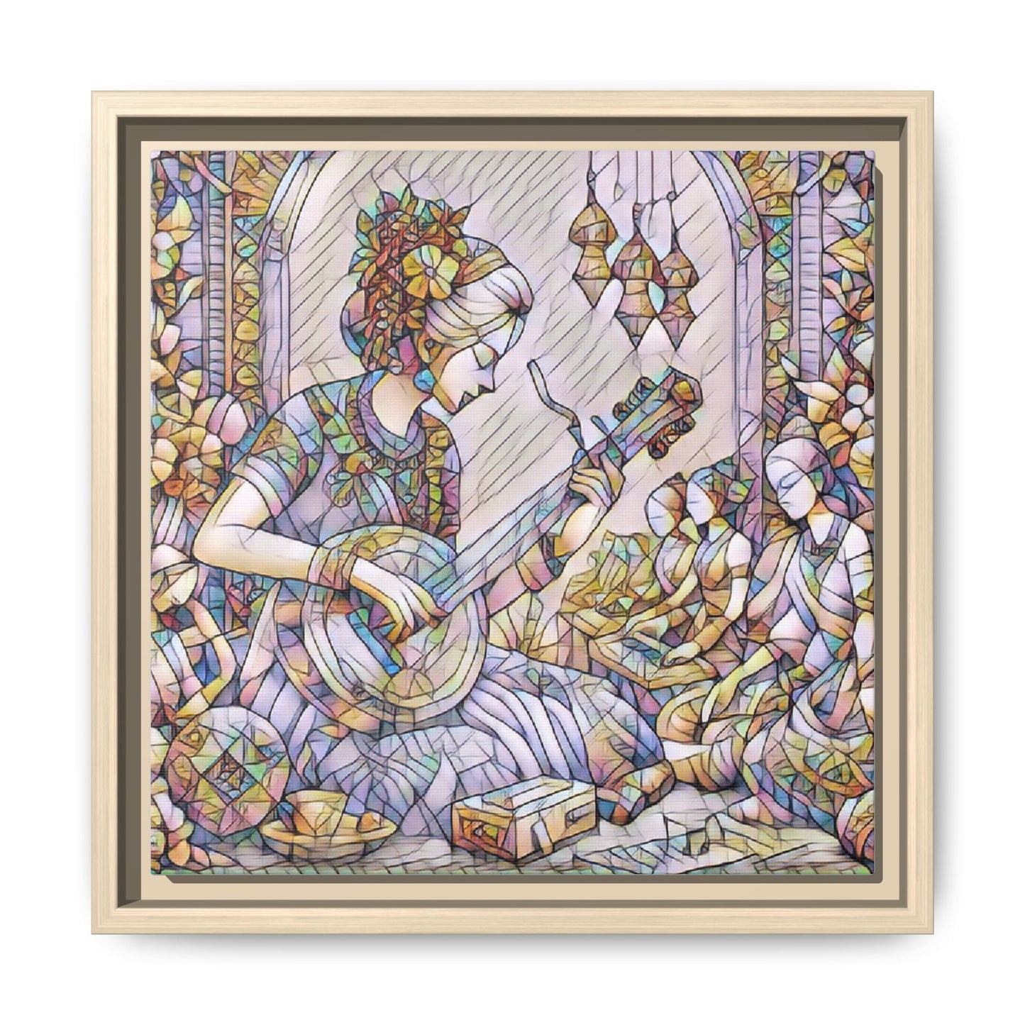 Framed Matte Canvas: Bohemian Woman Playing Lute — Stained-Glass Style Wall Art