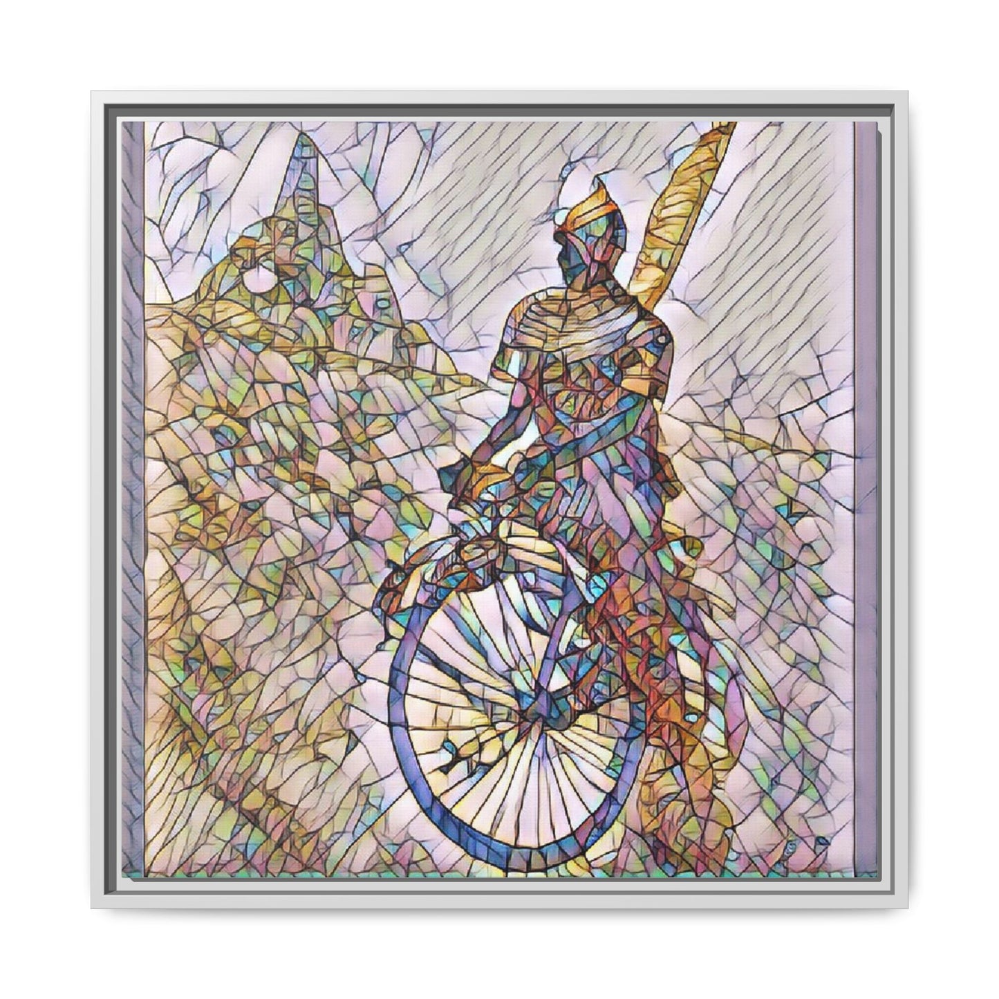 Cyclist Stained Glass Art Print — Framed Matte Canvas