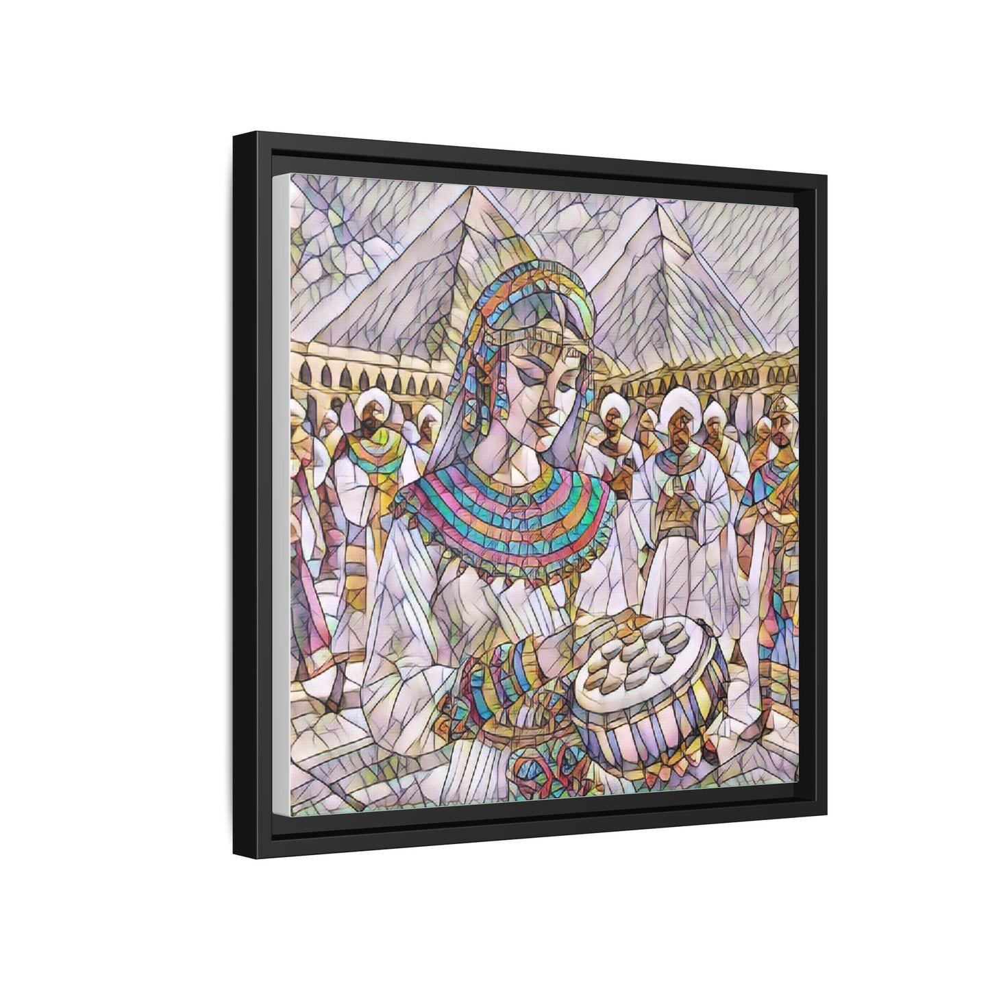 Egyptian Drum Player Framed Canvas Art — Colorful Ancient Scene Wall Decor