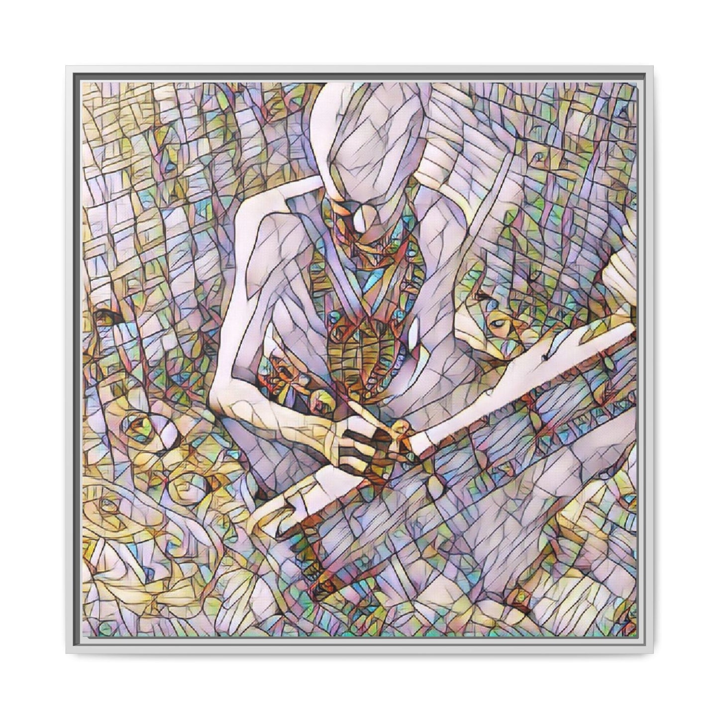 Abstract Fantasy Warrior Matte Framed Canvas — Colorful Stained-Glass Style Art