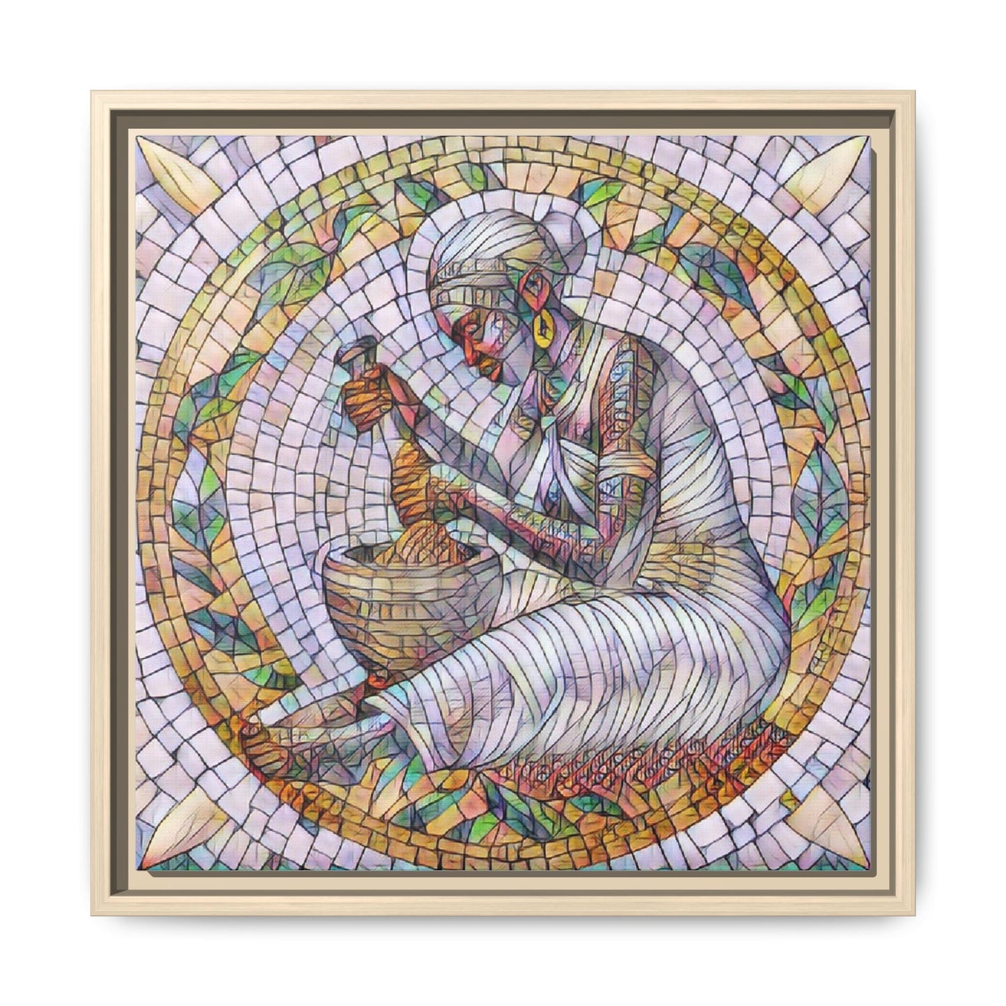 Framed Mosaic Art Print — Woman Grinding Grain (Matte Canvas)