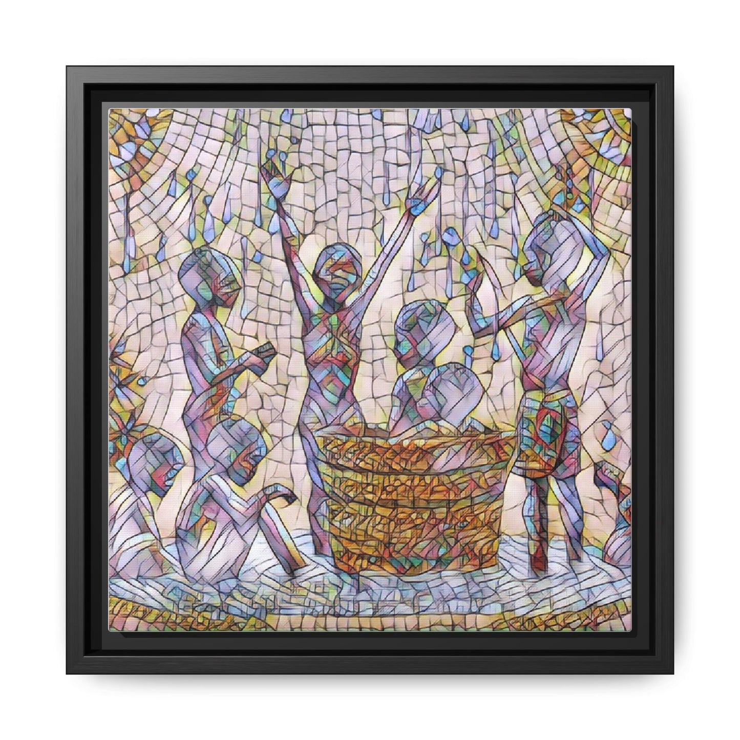 Framed Matte Canvas Art — Children Playing Mosaic Illustration