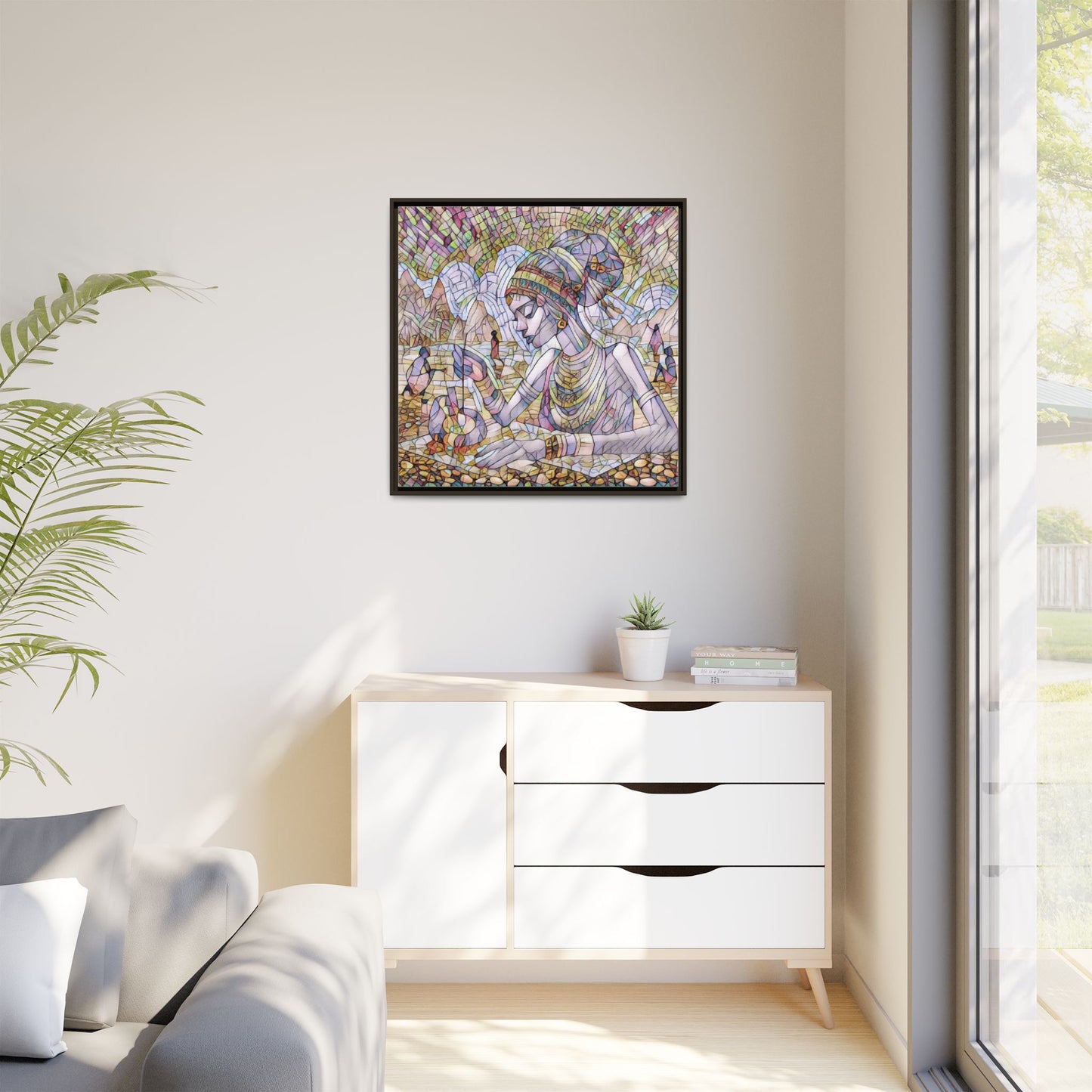 Framed Matte Canvas Art — Mosaic-Inspired Egyptian Woman Illustration