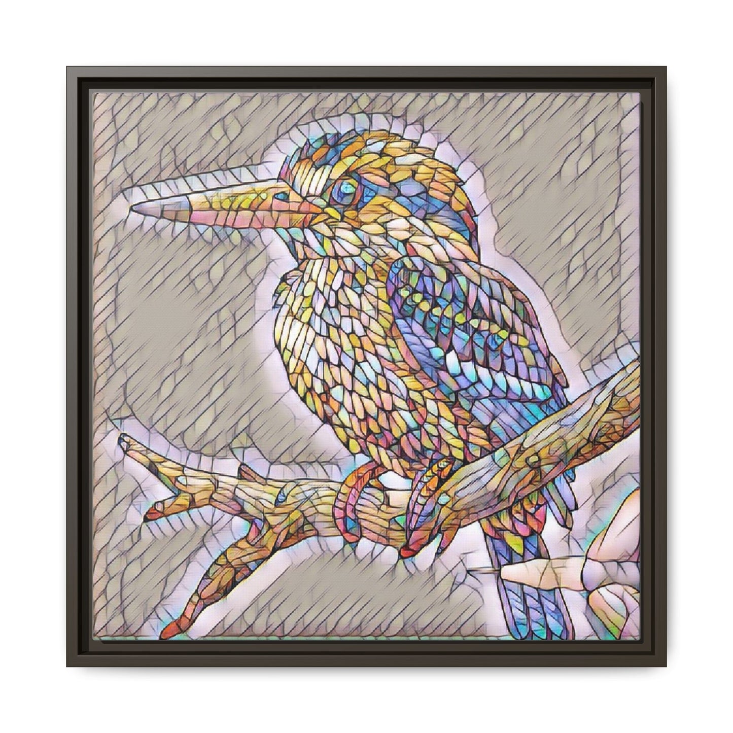 Colorful Kingfisher Framed Canvas Wall Art — Stained-Glass Style Bird Print