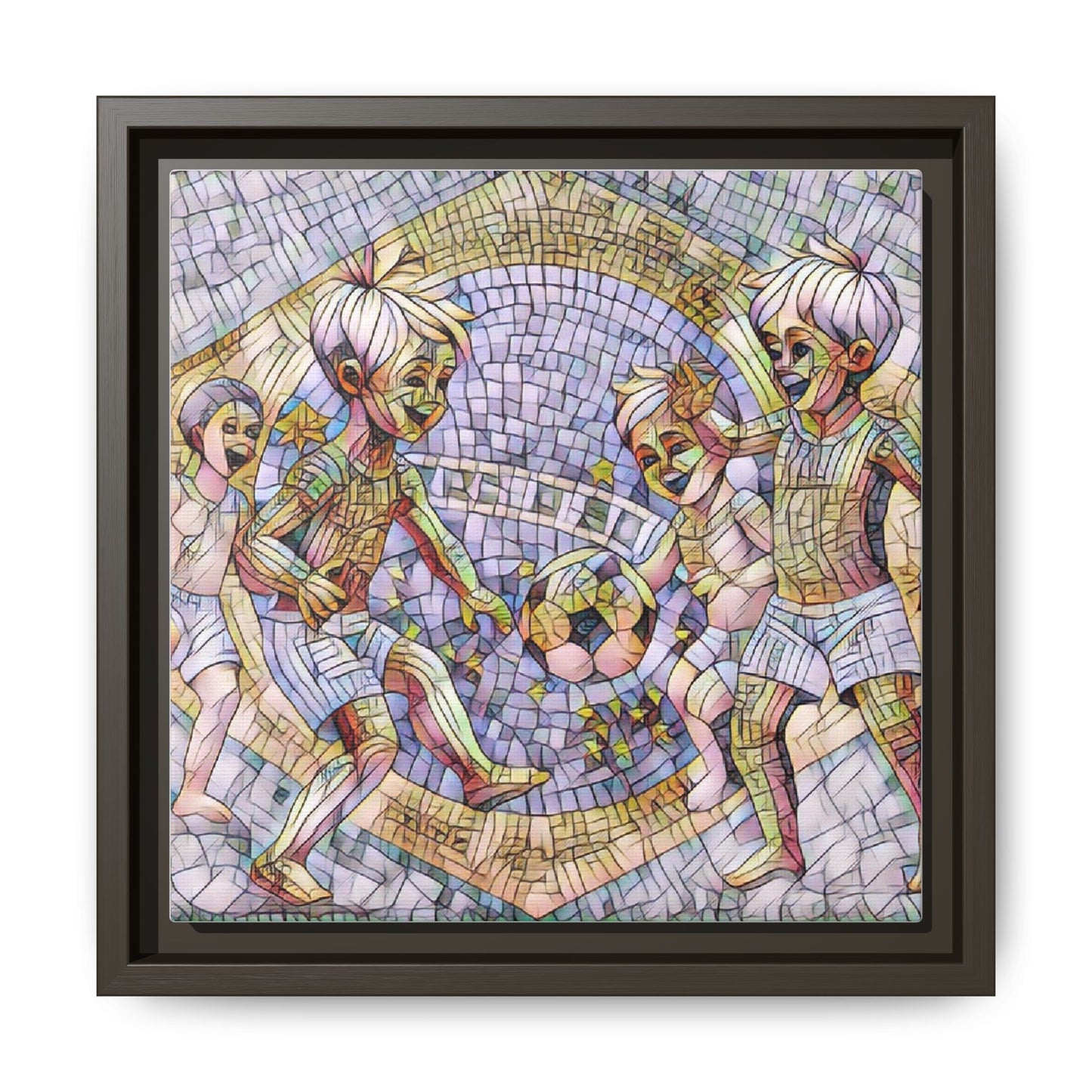 Framed Matte Canvas – Vintage Mosaic Kids Playing Soccer Art