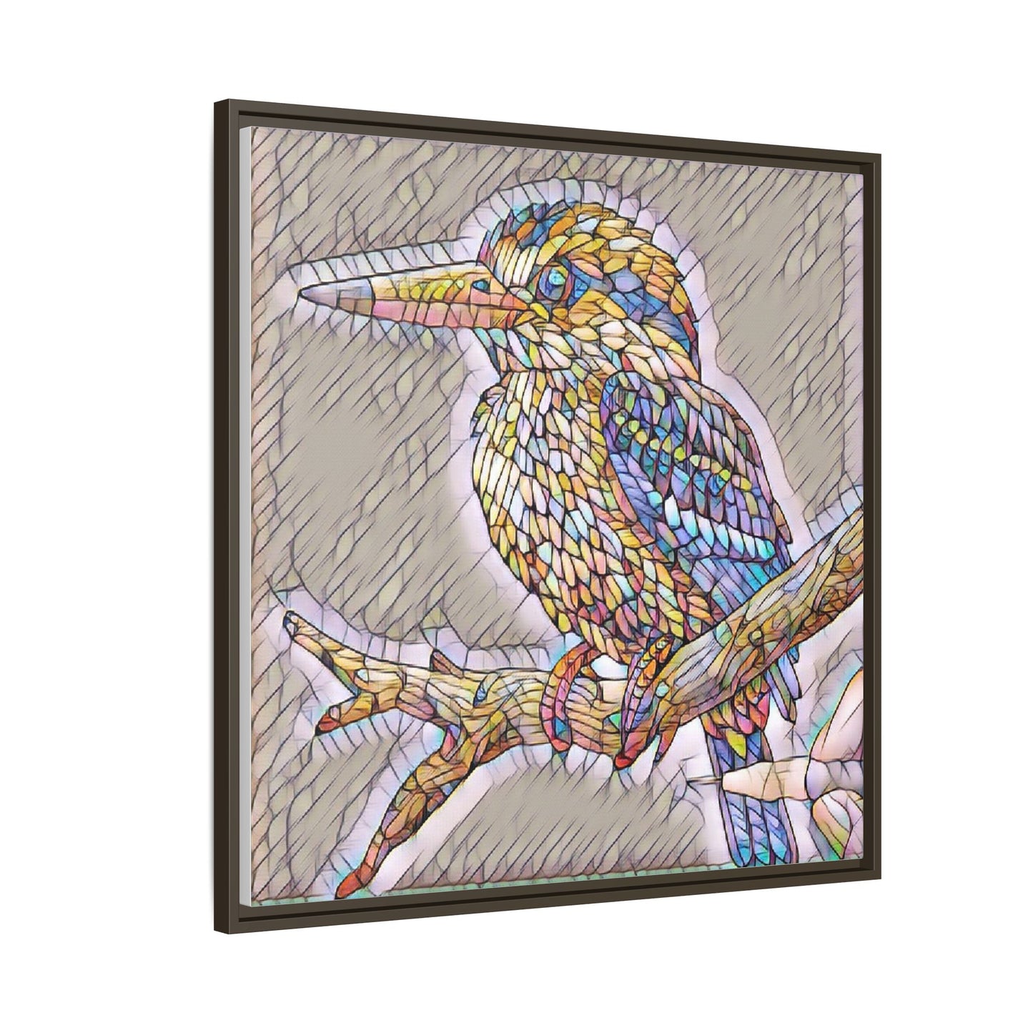 Colorful Kingfisher Framed Canvas Wall Art — Stained-Glass Style Bird Print