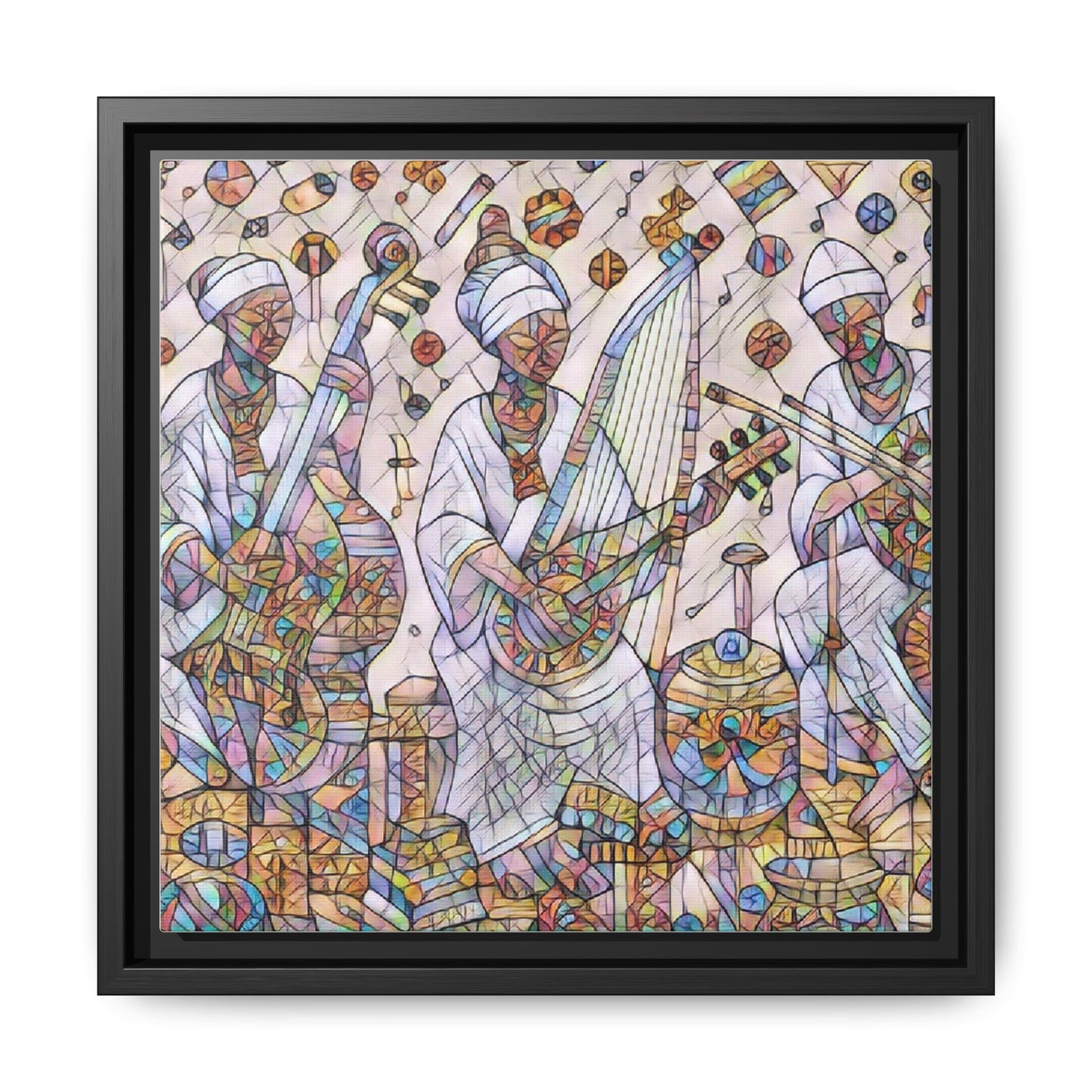 Framed Matte Canvas Print — Colorful African Musicians Stained-Glass Art