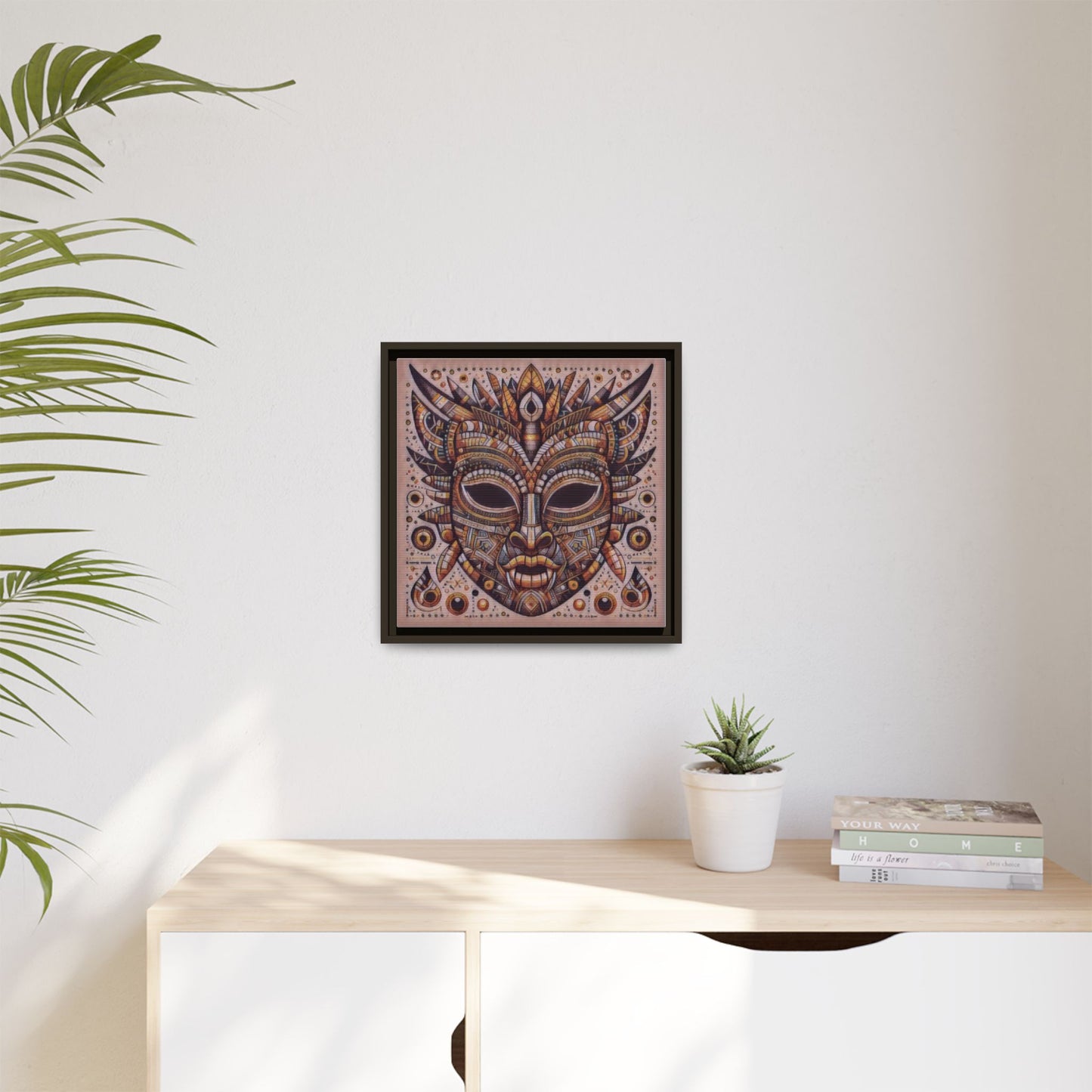 Tribal Mask Framed Canvas Art — Multicolor Matte Wall Decor