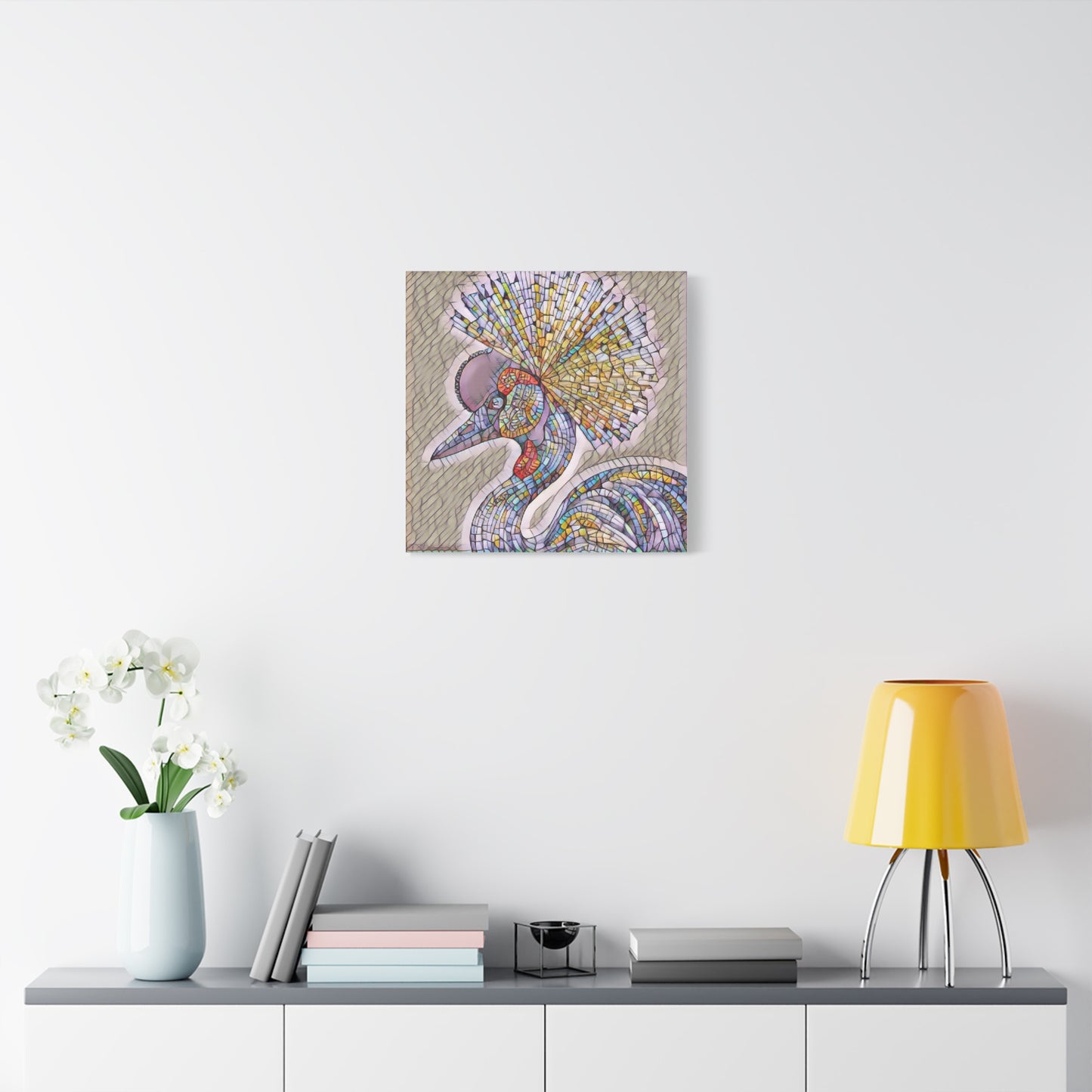 Colorful Mosaic Crowned Crane Canvas Wall Art — Stretched Matte Print